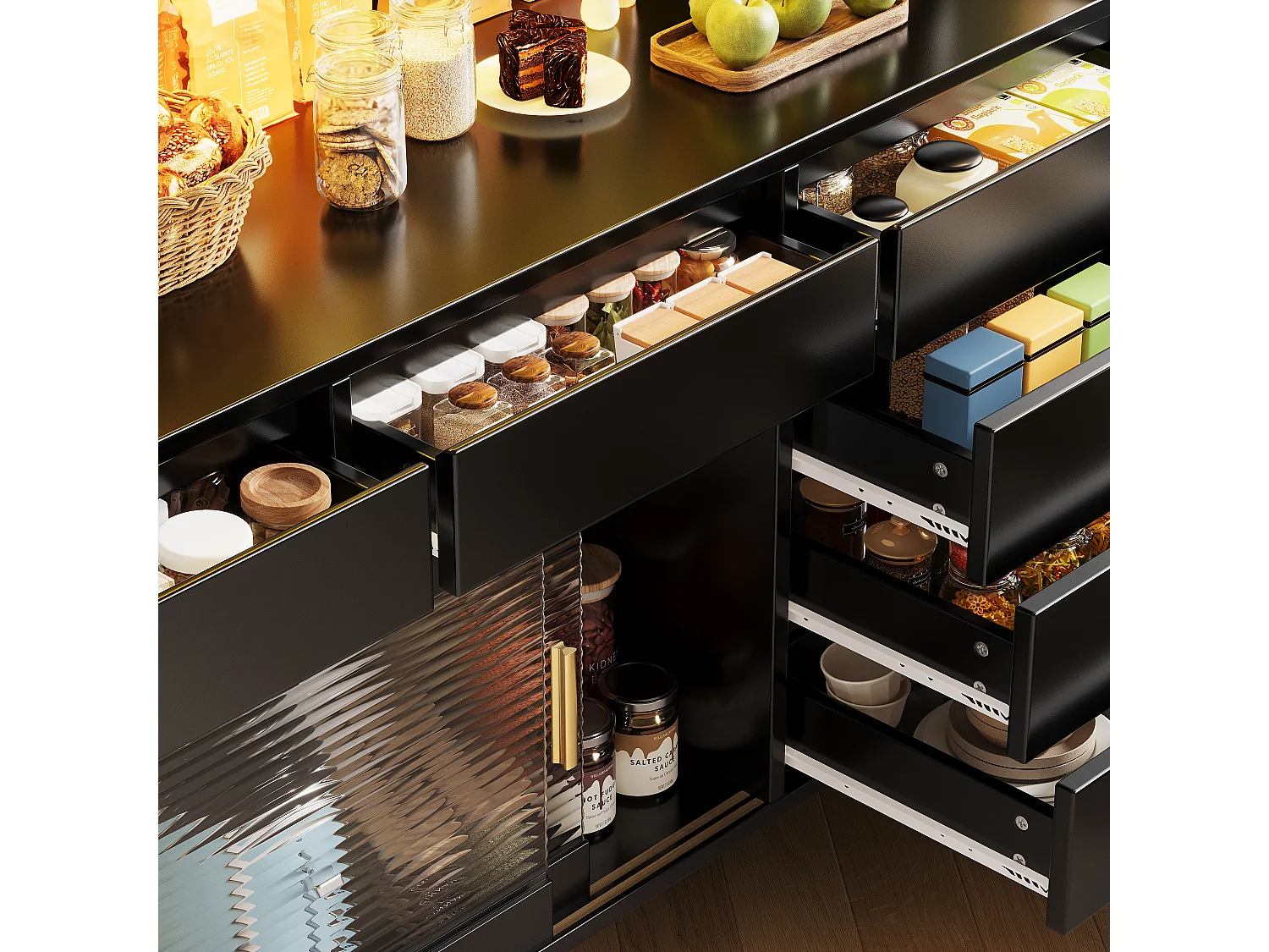 Nowoczesna komoda kuchenna - 145 x 39 x 171 cm - z diodami LED + 6 szuflad + drzwi + półka i perforowana ścianka - MDF + szkło - czarna