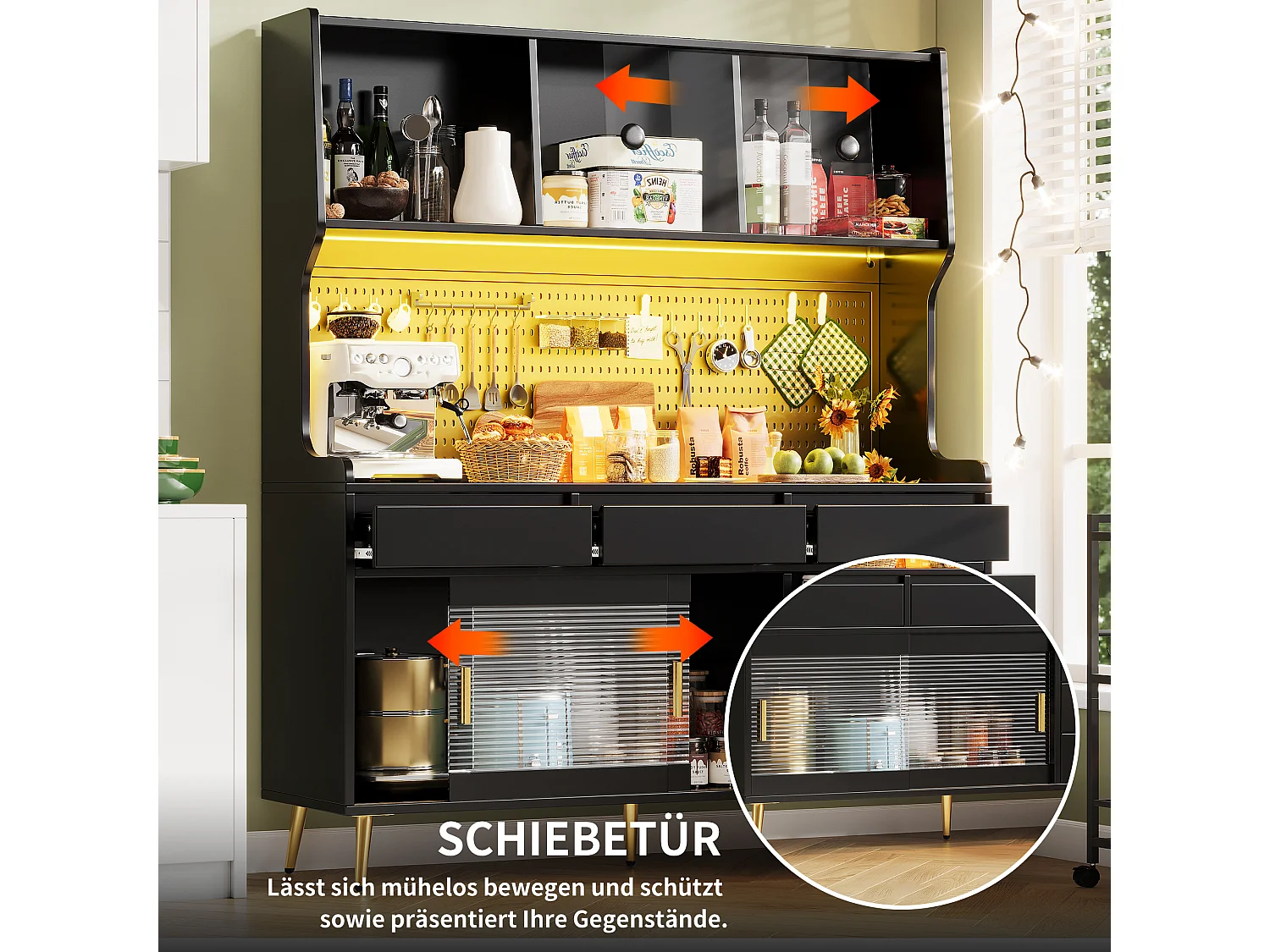 Nowoczesna komoda kuchenna - 145 x 39 x 171 cm - z diodami LED + 6 szuflad + drzwi + półka i perforowana ścianka - MDF + szkło - czarna