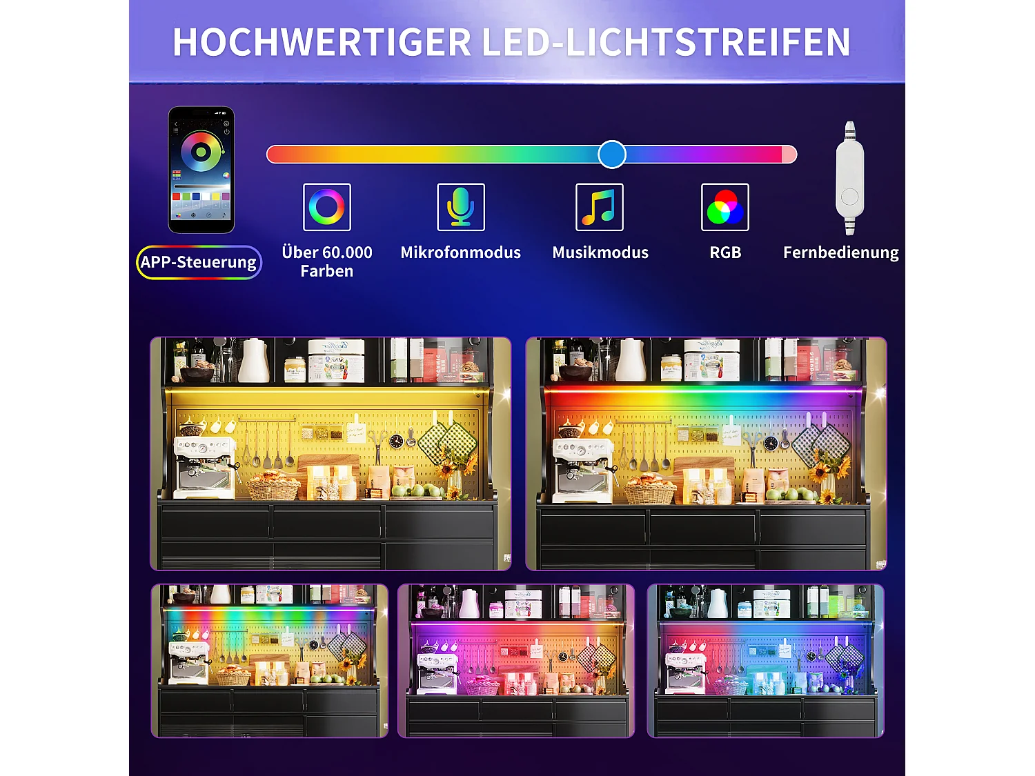 Nowoczesna komoda kuchenna - 145 x 39 x 171 cm - z diodami LED + 6 szuflad + drzwi + półka i perforowana ścianka - MDF + szkło - czarna