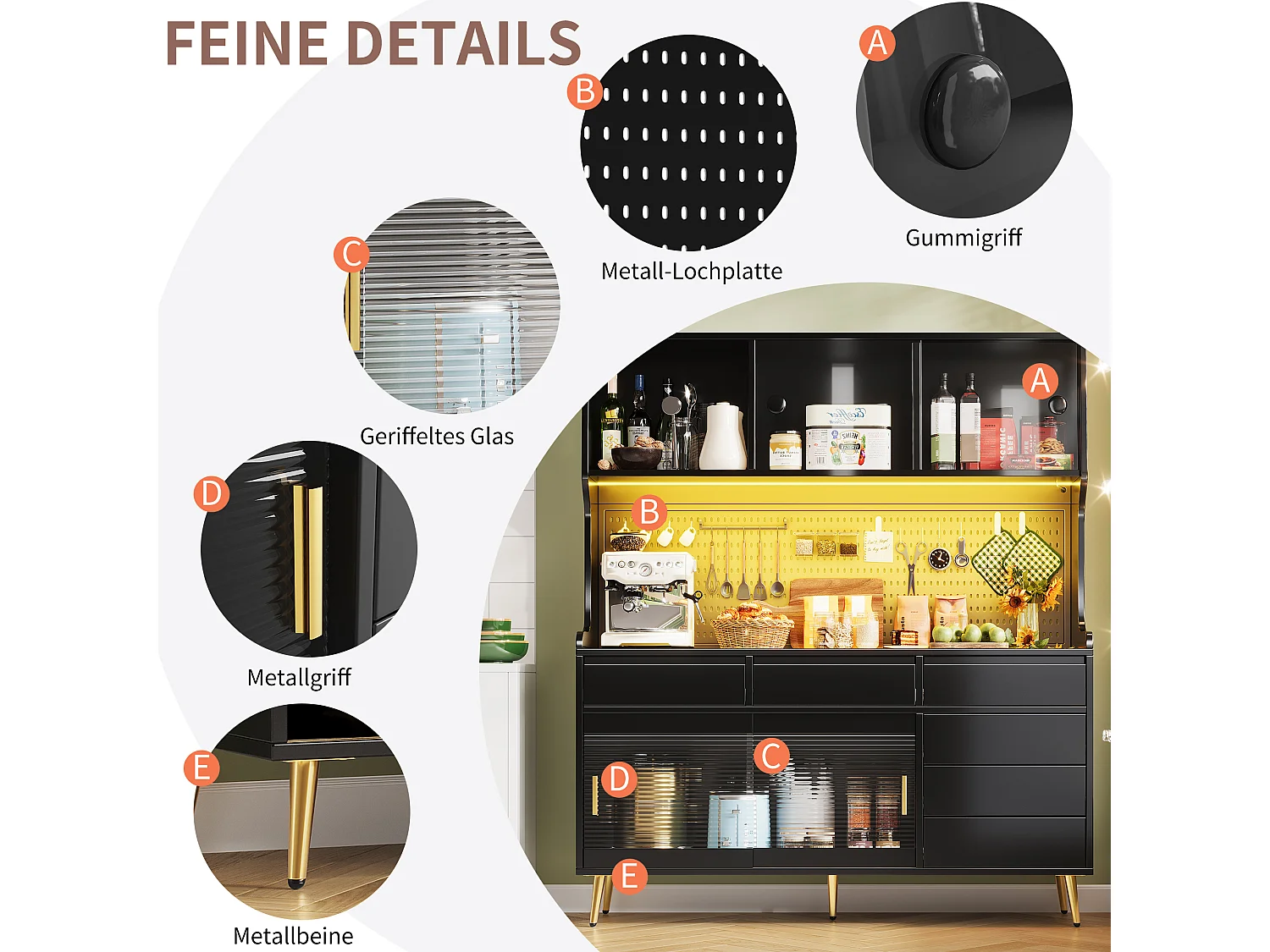 Nowoczesna komoda kuchenna - 145 x 39 x 171 cm - z diodami LED + 6 szuflad + drzwi + półka i perforowana ścianka - MDF + szkło - czarna