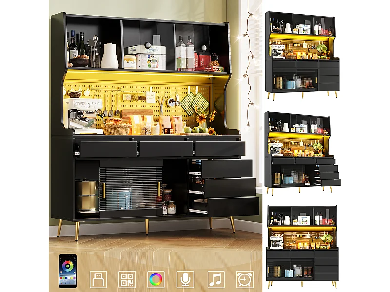 Nowoczesna komoda kuchenna - 145 x 39 x 171 cm - z diodami LED + 6 szuflad + drzwi + półka i perforowana ścianka - MDF + szkło - czarna