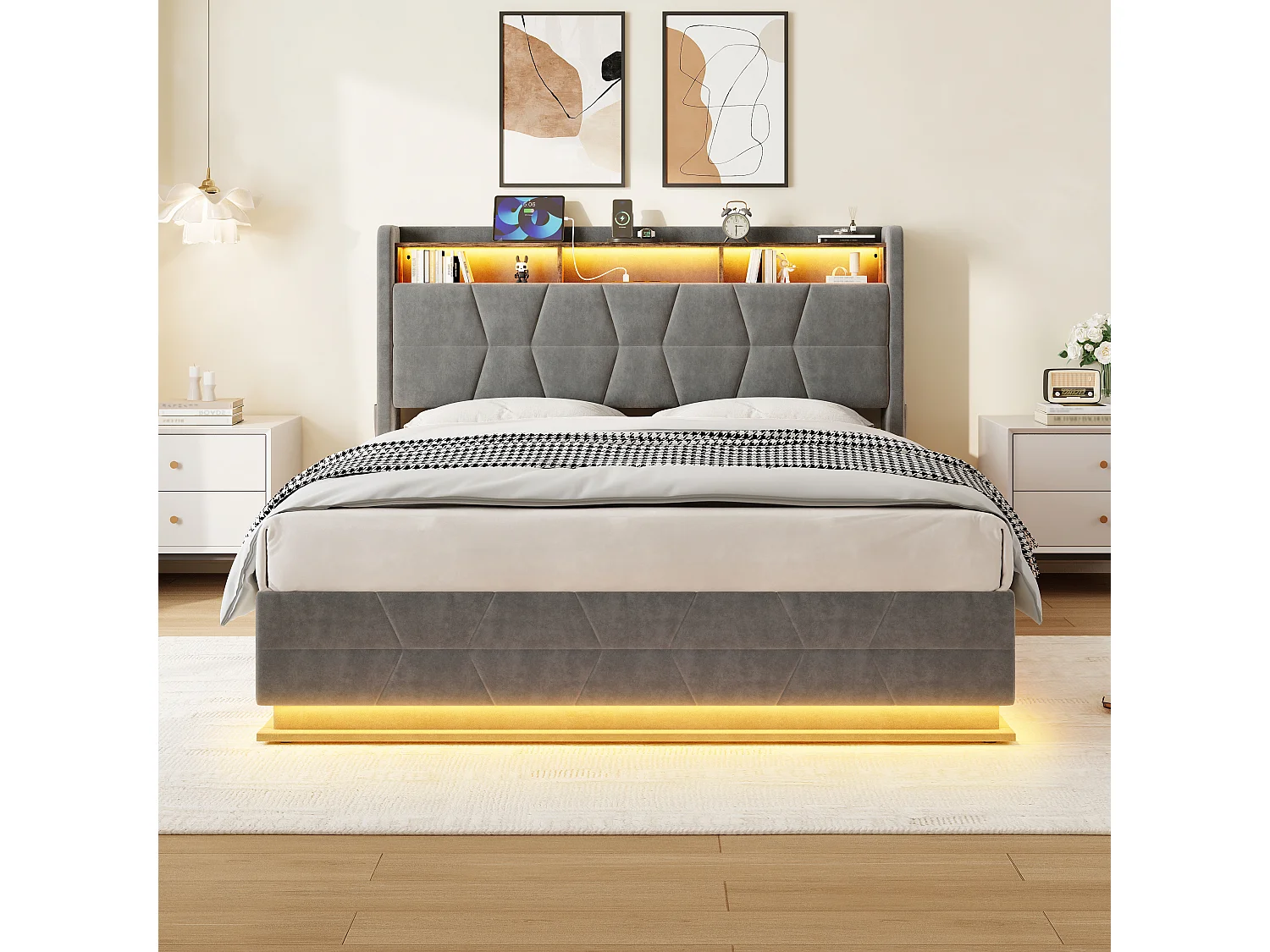 Hydraulisch opbergbed - 140 x 190 cm - met LED-verlichting + zijvakken + USB/Type-C + hoofdbord met opbergruimte - fluweel - donkergrijs