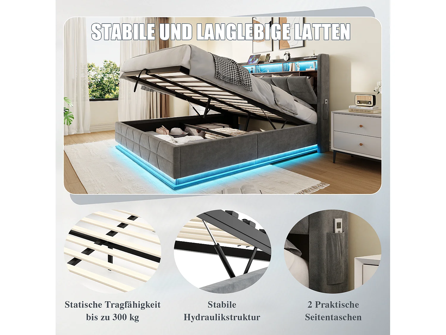 Hydraulisch opbergbed - 140 x 190 cm - met LED-verlichting + zijvakken + USB/Type-C + hoofdbord met opbergruimte - fluweel - donkergrijs