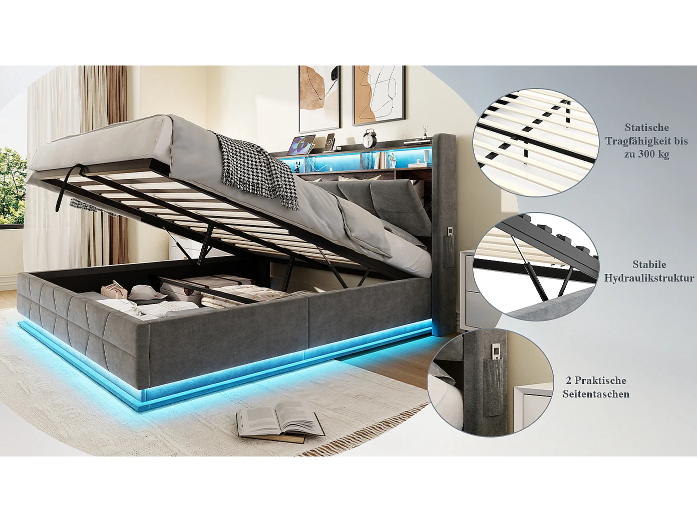 Hydraulisch opbergbed - 140 x 190 cm - met LED-verlichting + zijvakken + USB/Type-C + hoofdbord met opbergruimte - fluweel - donkergrijs