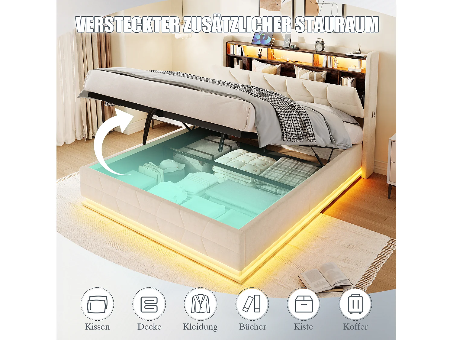 Hydraulisch opbergbed - 160 x 200 cm - met LED-verlichting + zijvakken + USB/Type-C + hoofdbord met opbergruimte - fluweel - beige
