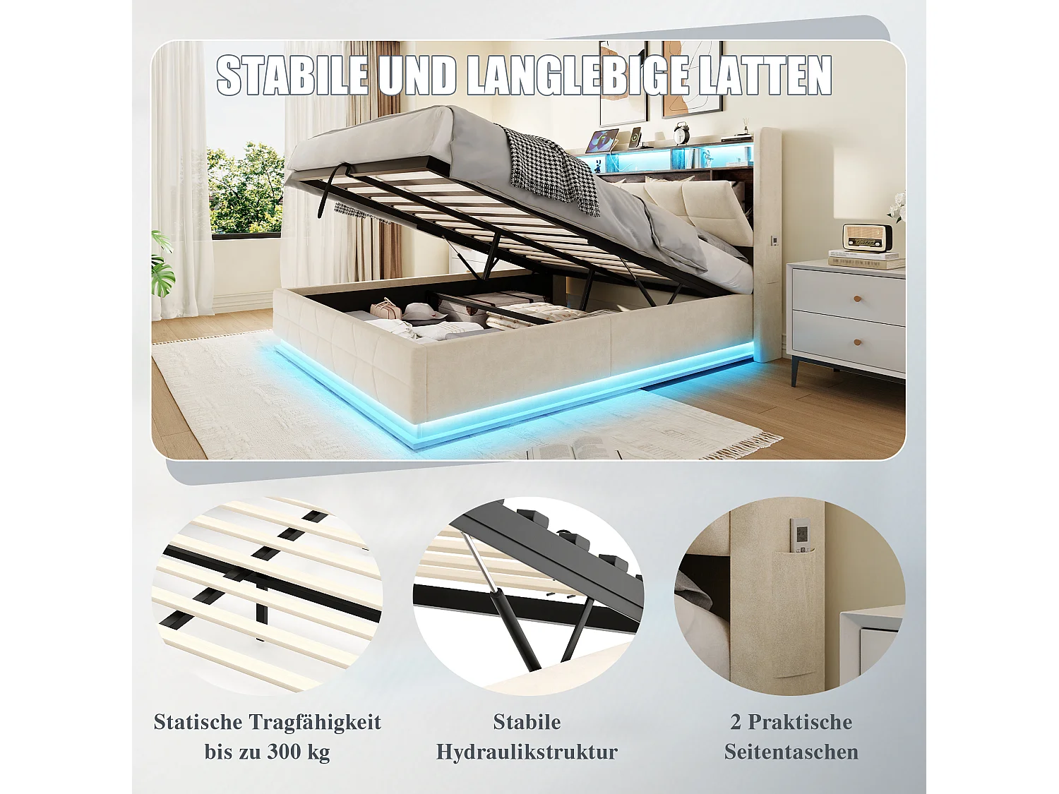 Hydraulisch opbergbed - 160 x 200 cm - met LED-verlichting + zijvakken + USB/Type-C + hoofdbord met opbergruimte - fluweel - beige