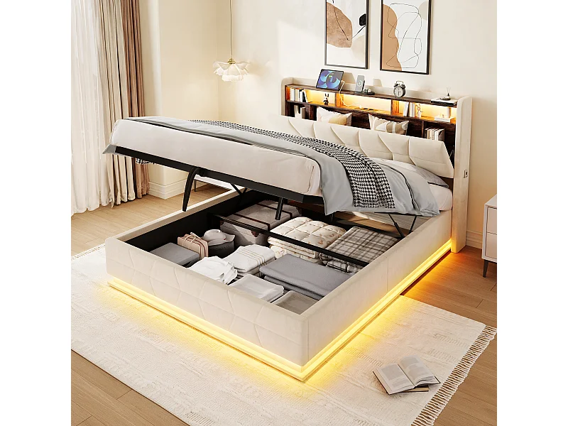 Hydraulisches Stauraumbett – 160 x 200 cm – mit LED-Beleuchtung, Seitentaschen, USB-/Typ-C-Anschluss und Kopfteil mit Stauraum – Samt – beige