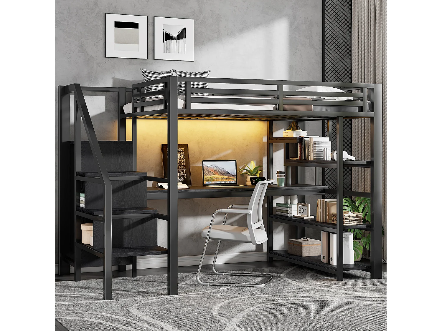 Kinderhoogslaper van metaal - 140 x 200 cm - met bureau, plank, opbergtrap en kledingkast - MDF en metaal - zwart