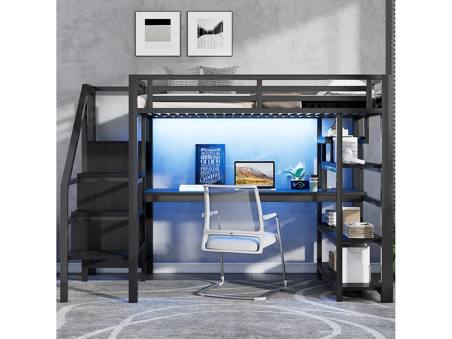 Kinderhoogslaper van metaal - 140 x 200 cm - met bureau, plank, opbergtrap en kledingkast - MDF en metaal - zwart