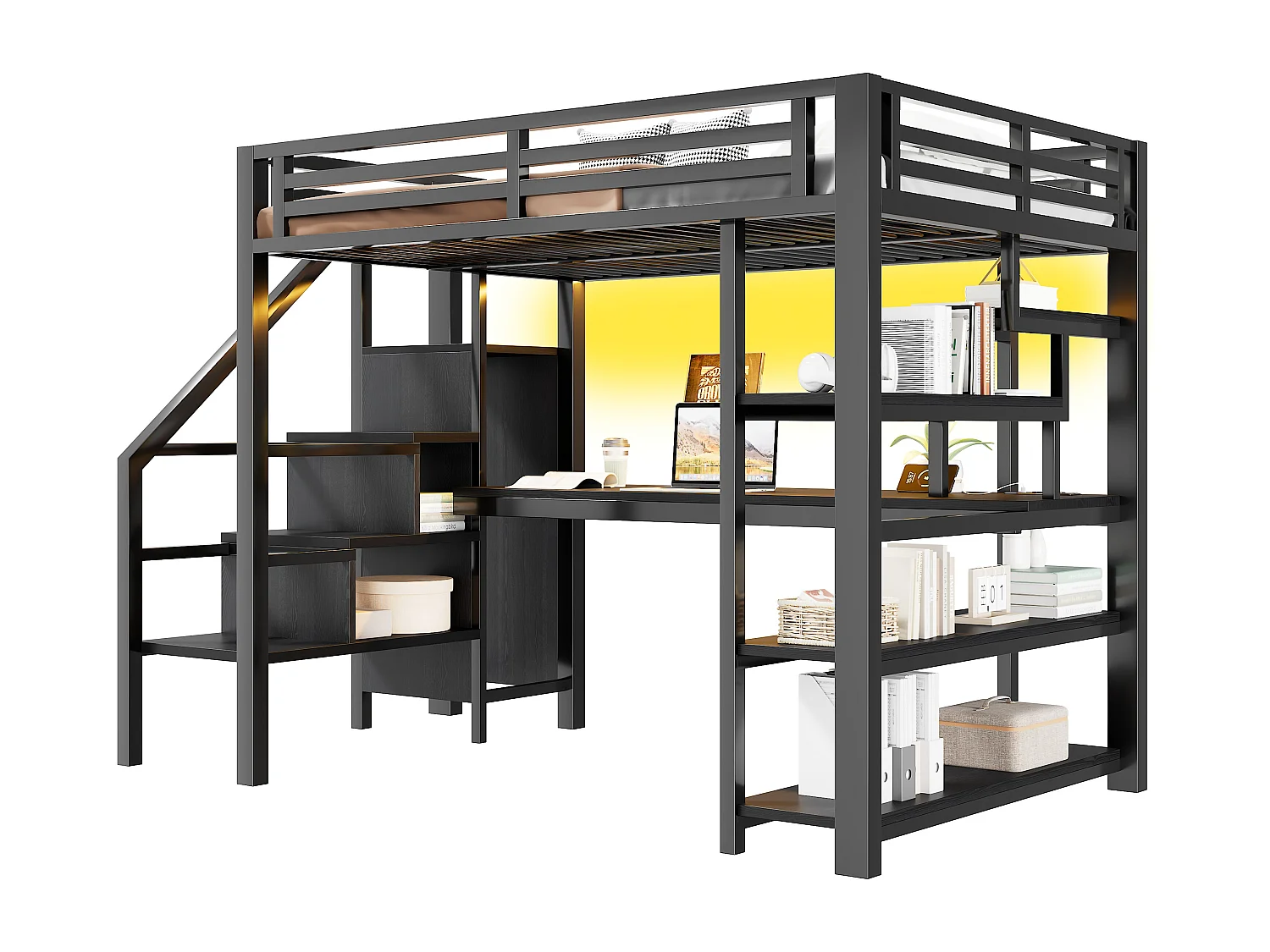 Kinderhoogslaper van metaal - 140 x 200 cm - met bureau, plank, opbergtrap en kledingkast - MDF en metaal - zwart