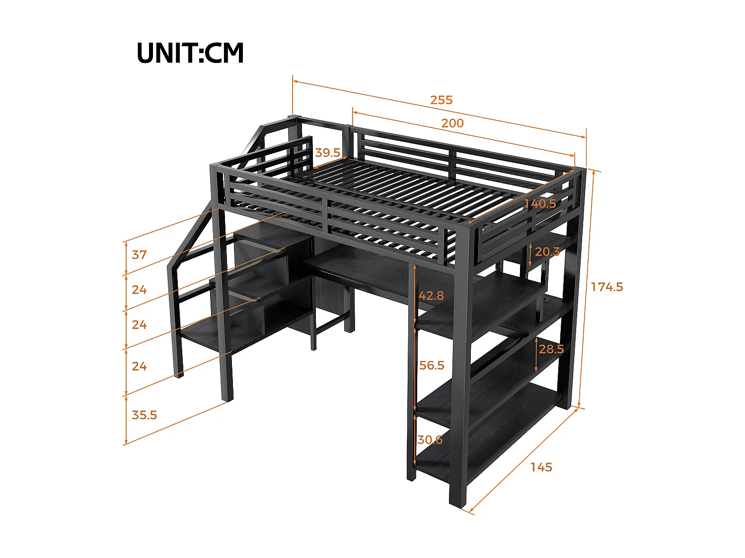 Kinderhoogslaper van metaal - 140 x 200 cm - met bureau, plank, opbergtrap en kledingkast - MDF en metaal - zwart