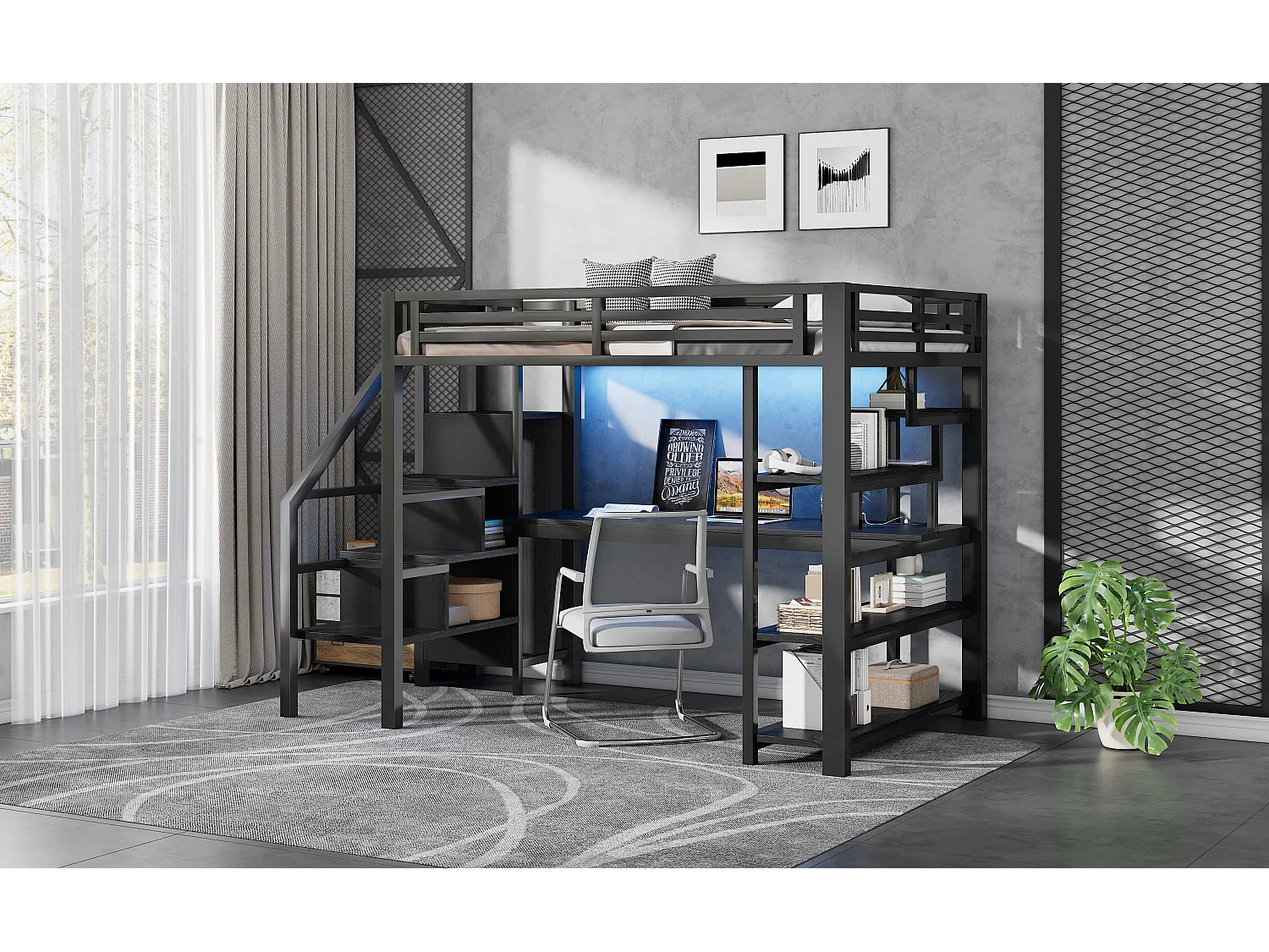 Kinderhoogslaper van metaal - 140 x 200 cm - met bureau, plank, opbergtrap en kledingkast - MDF en metaal - zwart