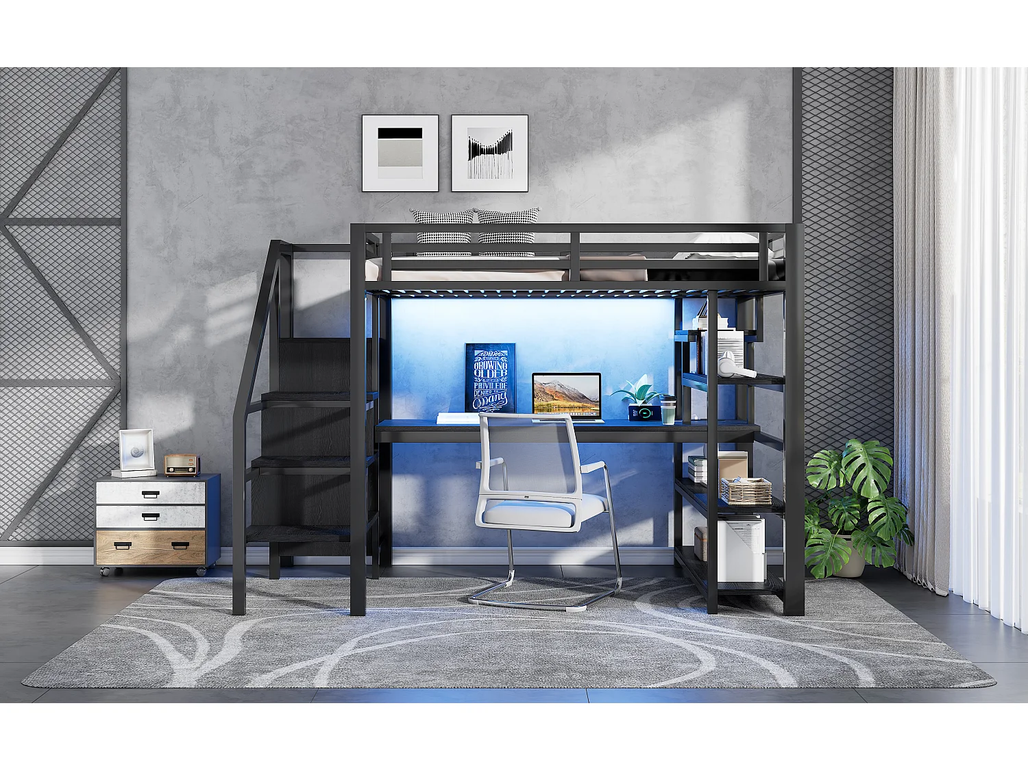 Kinderhoogslaper van metaal - 140 x 200 cm - met bureau, plank, opbergtrap en kledingkast - MDF en metaal - zwart