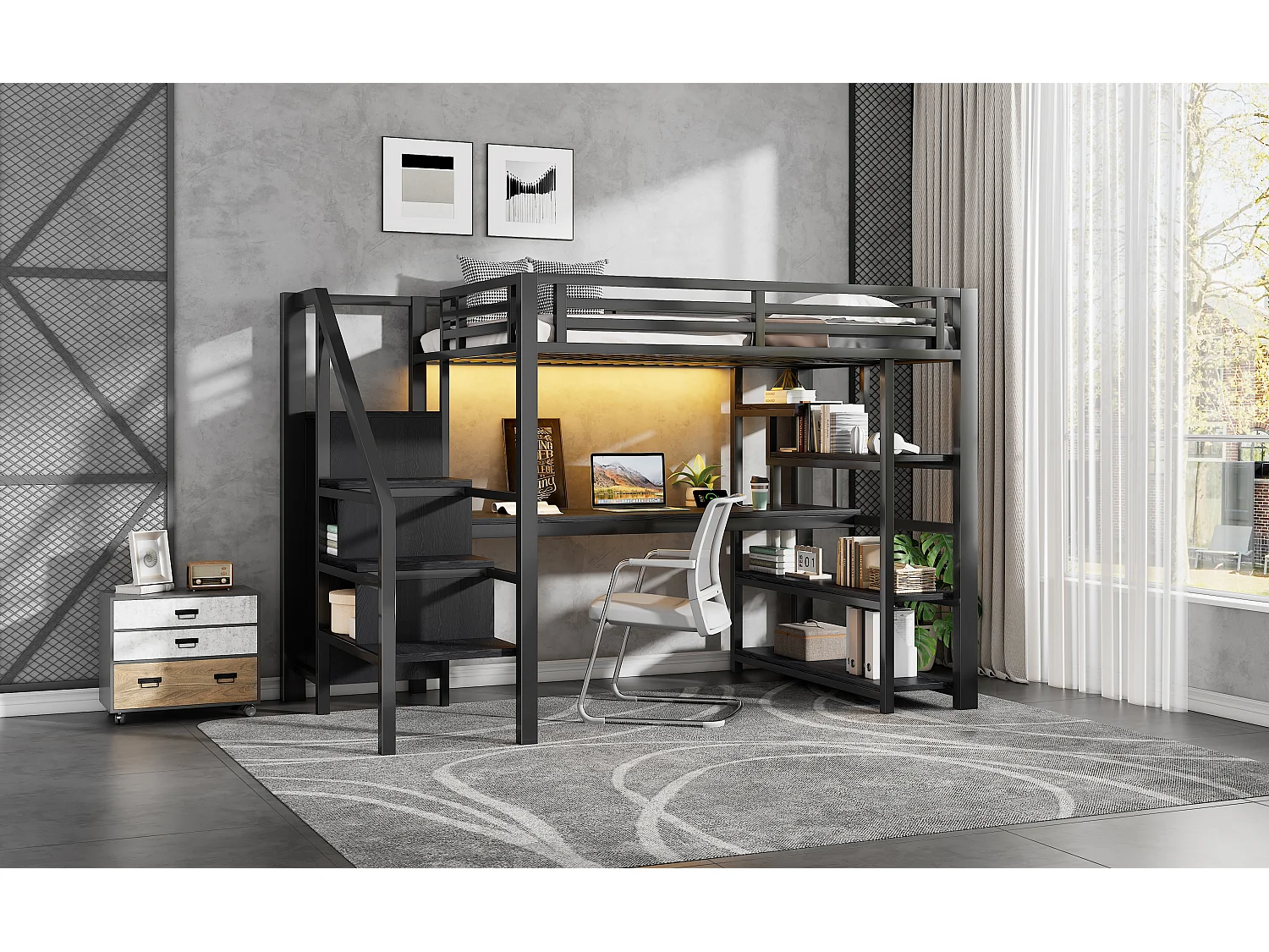 Kinderhoogslaper van metaal - 140 x 200 cm - met bureau, plank, opbergtrap en kledingkast - MDF en metaal - zwart