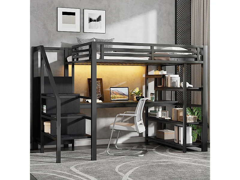 Kinderhoogslaper van metaal - 140 x 200 cm - met bureau, plank, opbergtrap en kledingkast - MDF en metaal - zwart