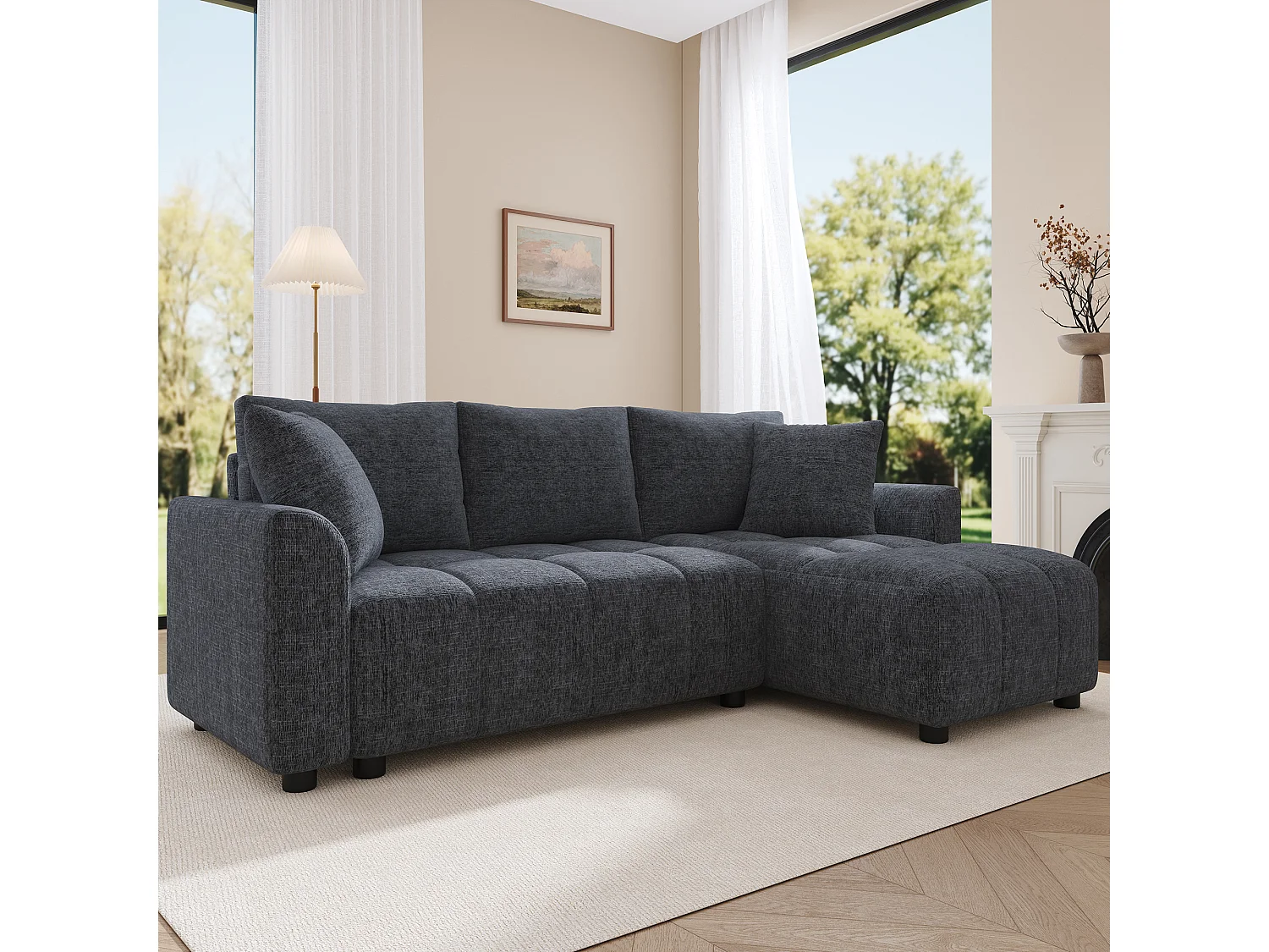 Nowoczesna sofa narożna 3-osobowa - 204 x 127 x 82,5 cm - z 2 poduszkami dekoracyjnymi - do salonu i sypialni - tkanina szenilowa - szara