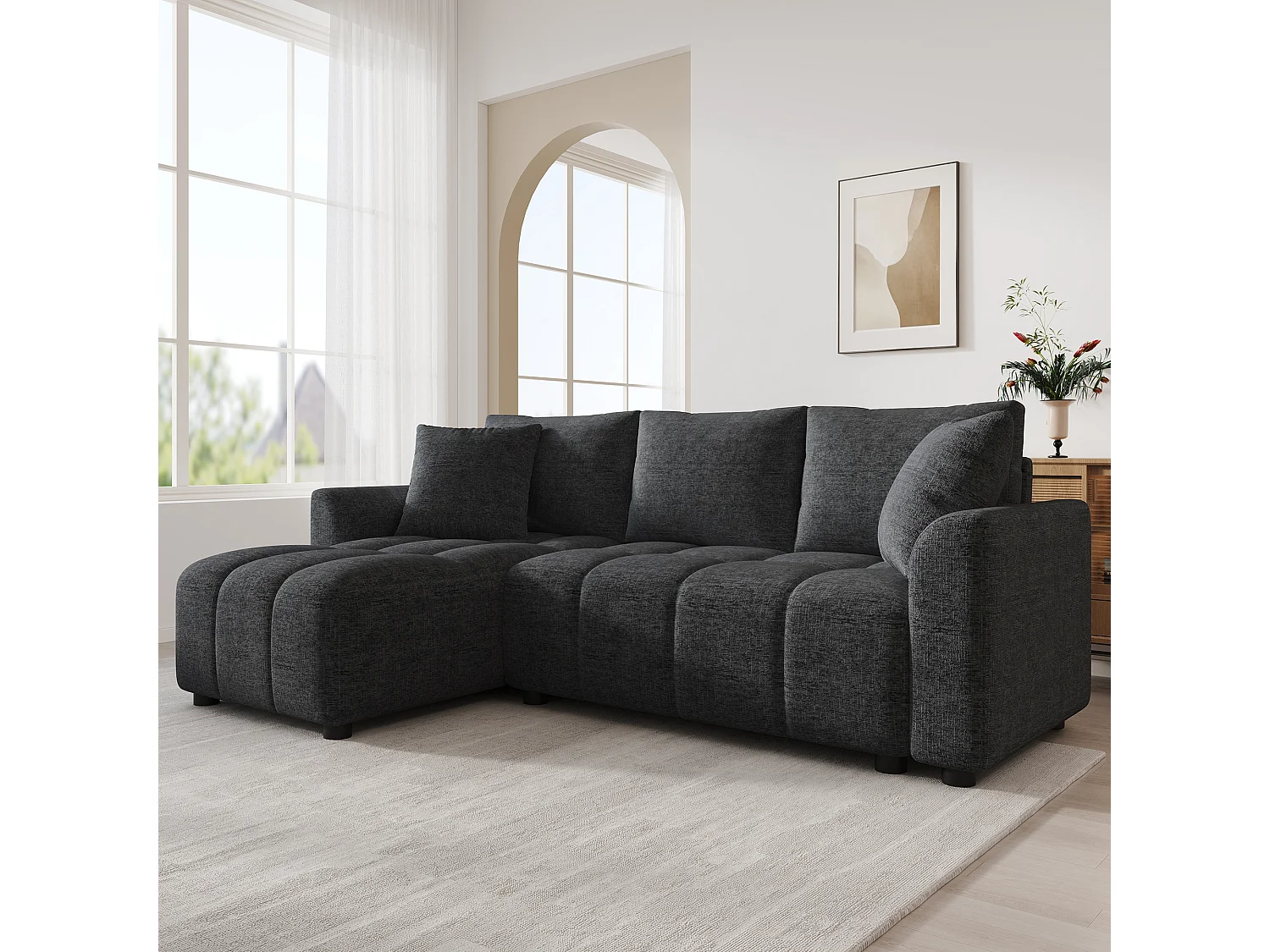 Nowoczesna sofa narożna 3-osobowa - 204 x 127 x 82,5 cm - z 2 poduszkami dekoracyjnymi - do salonu i sypialni - tkanina szenilowa - szara