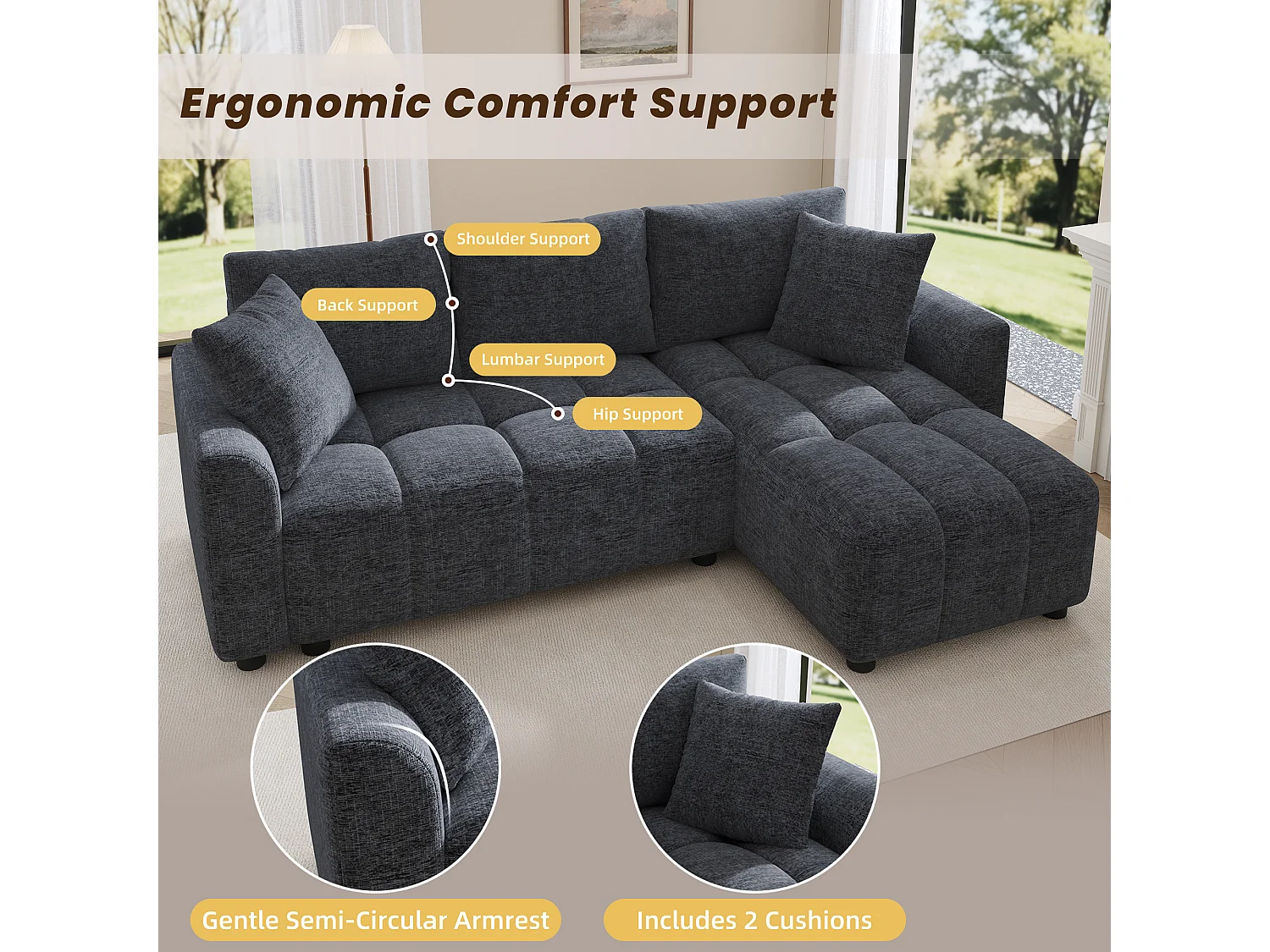 Nowoczesna sofa narożna 3-osobowa - 204 x 127 x 82,5 cm - z 2 poduszkami dekoracyjnymi - do salonu i sypialni - tkanina szenilowa - szara