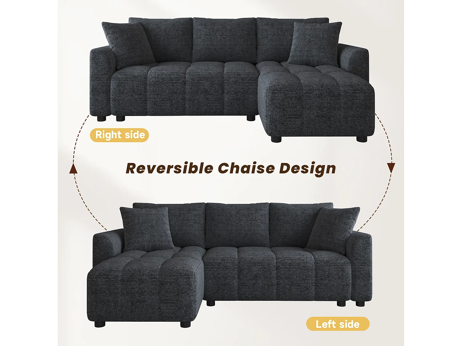 Nowoczesna sofa narożna 3-osobowa - 204 x 127 x 82,5 cm - z 2 poduszkami dekoracyjnymi - do salonu i sypialni - tkanina szenilowa - szara