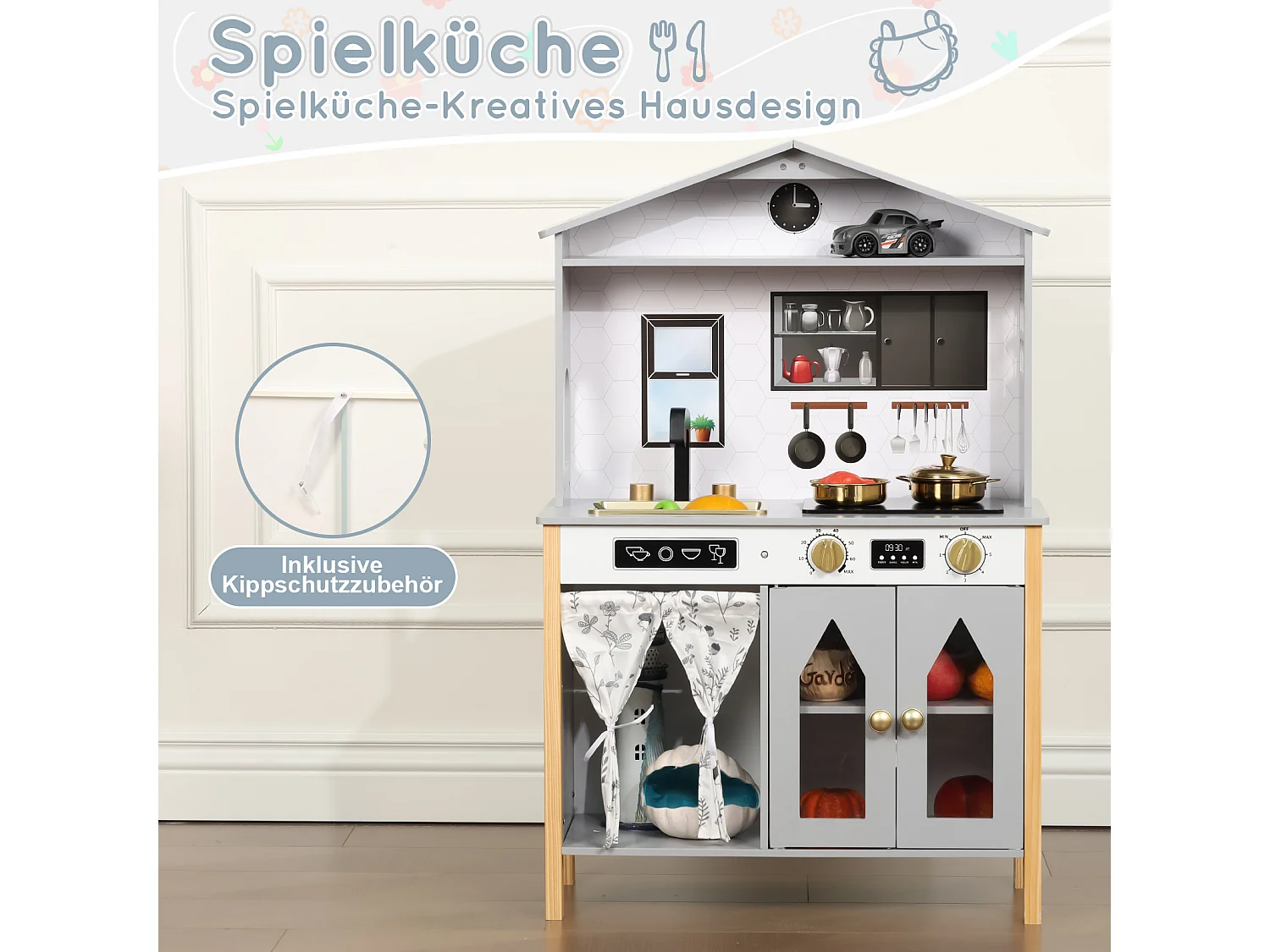 Spielküche für Kinder – 60 x 28,5 x 92 cm – Haus mit Zubehör und Effekten – Für Kinder ab 3 Jahren – MDF – Blau