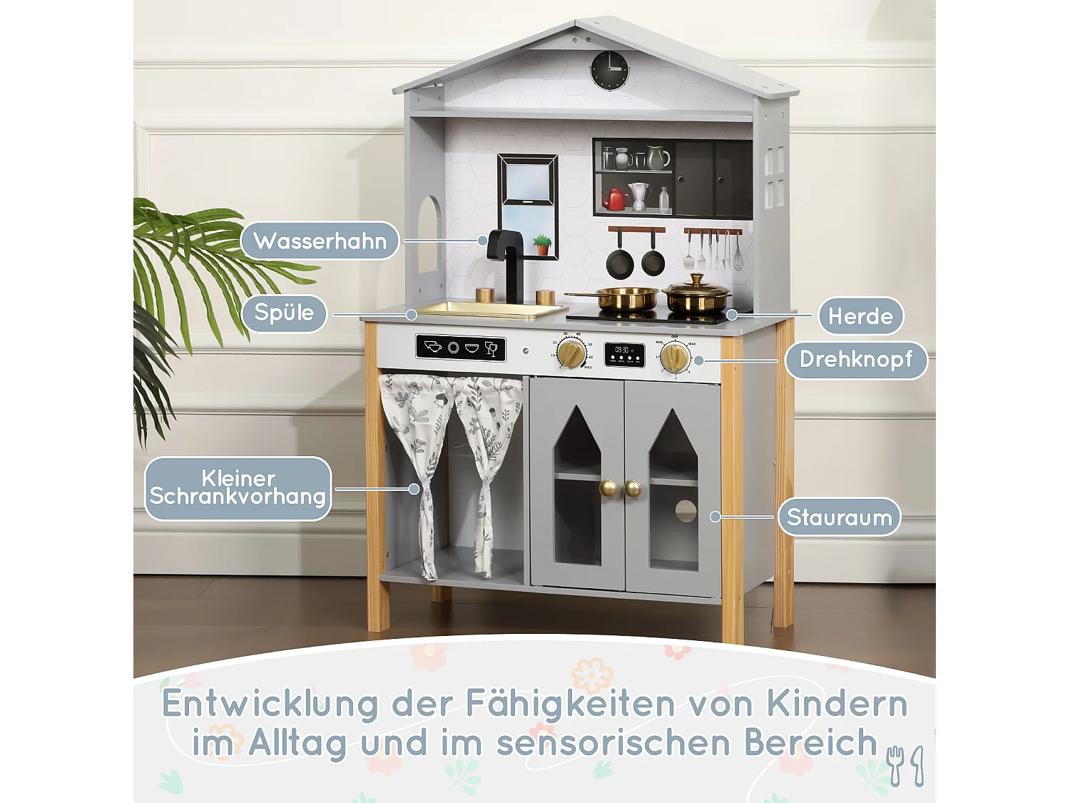 Spielküche für Kinder – 60 x 28,5 x 92 cm – Haus mit Zubehör und Effekten – Für Kinder ab 3 Jahren – MDF – Blau