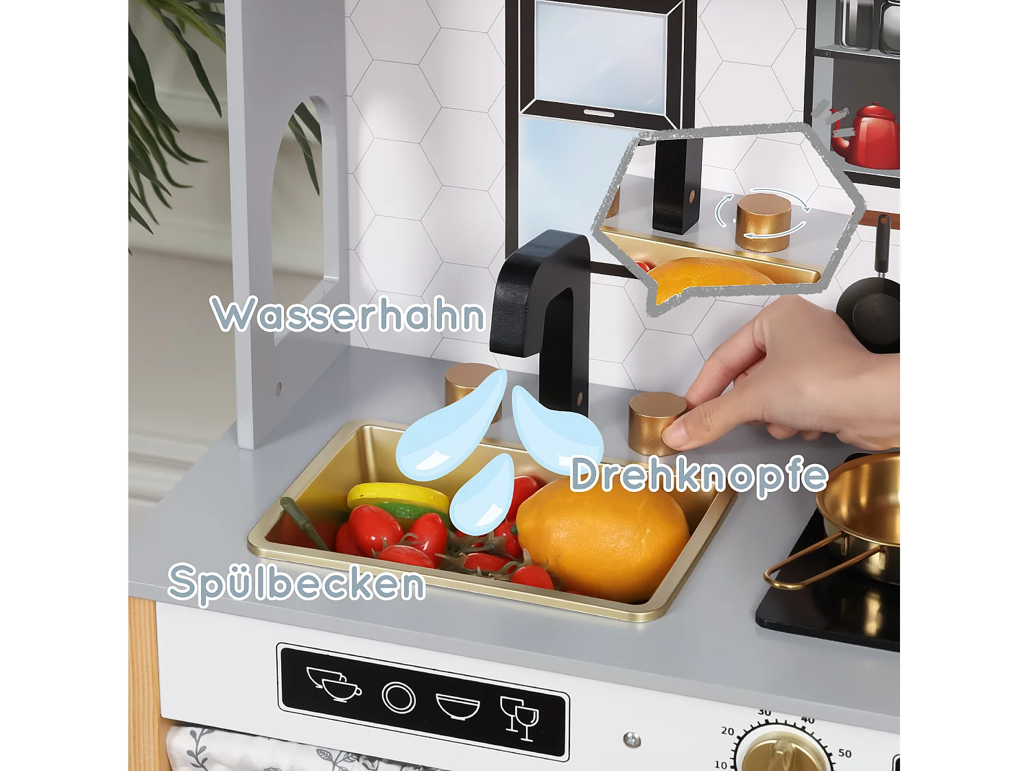 Spielküche für Kinder – 60 x 28,5 x 92 cm – Haus mit Zubehör und Effekten – Für Kinder ab 3 Jahren – MDF – Blau