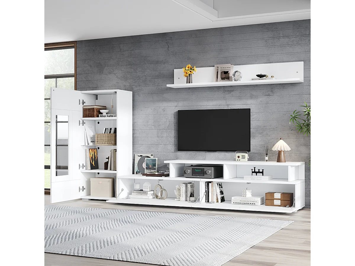Ensemble de meubles muraux 3 pièces - laquée brillante - avec meuble TV + vitrine + étagère murale + Leds - aggloméré - blanc