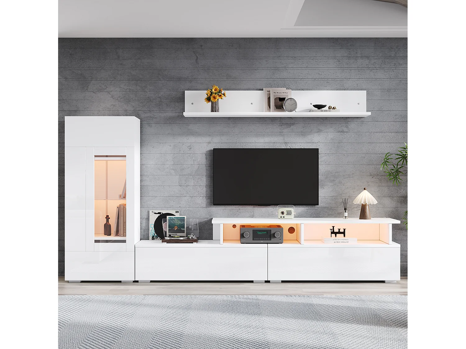 Ensemble de meubles muraux 3 pièces - laquée brillante - avec meuble TV + vitrine + étagère murale + Leds - aggloméré - blanc