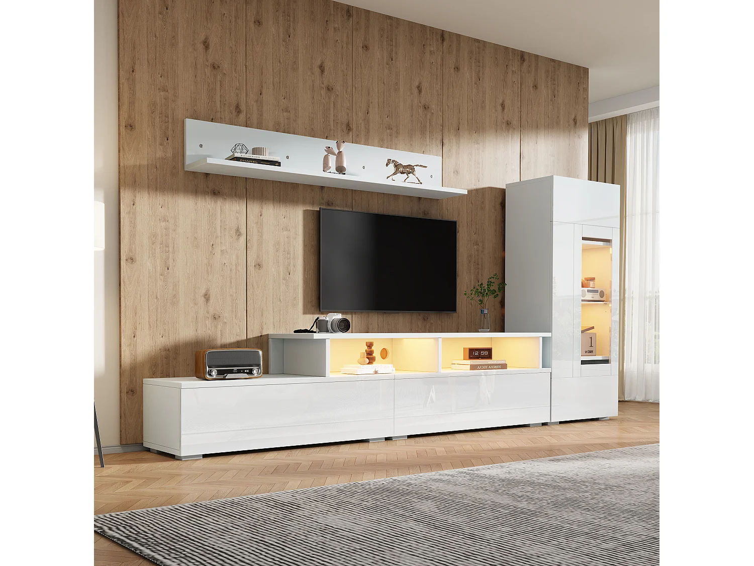 Ensemble de meubles muraux 3 pièces - laquée brillante - avec meuble TV + vitrine + étagère murale + Leds - aggloméré - blanc