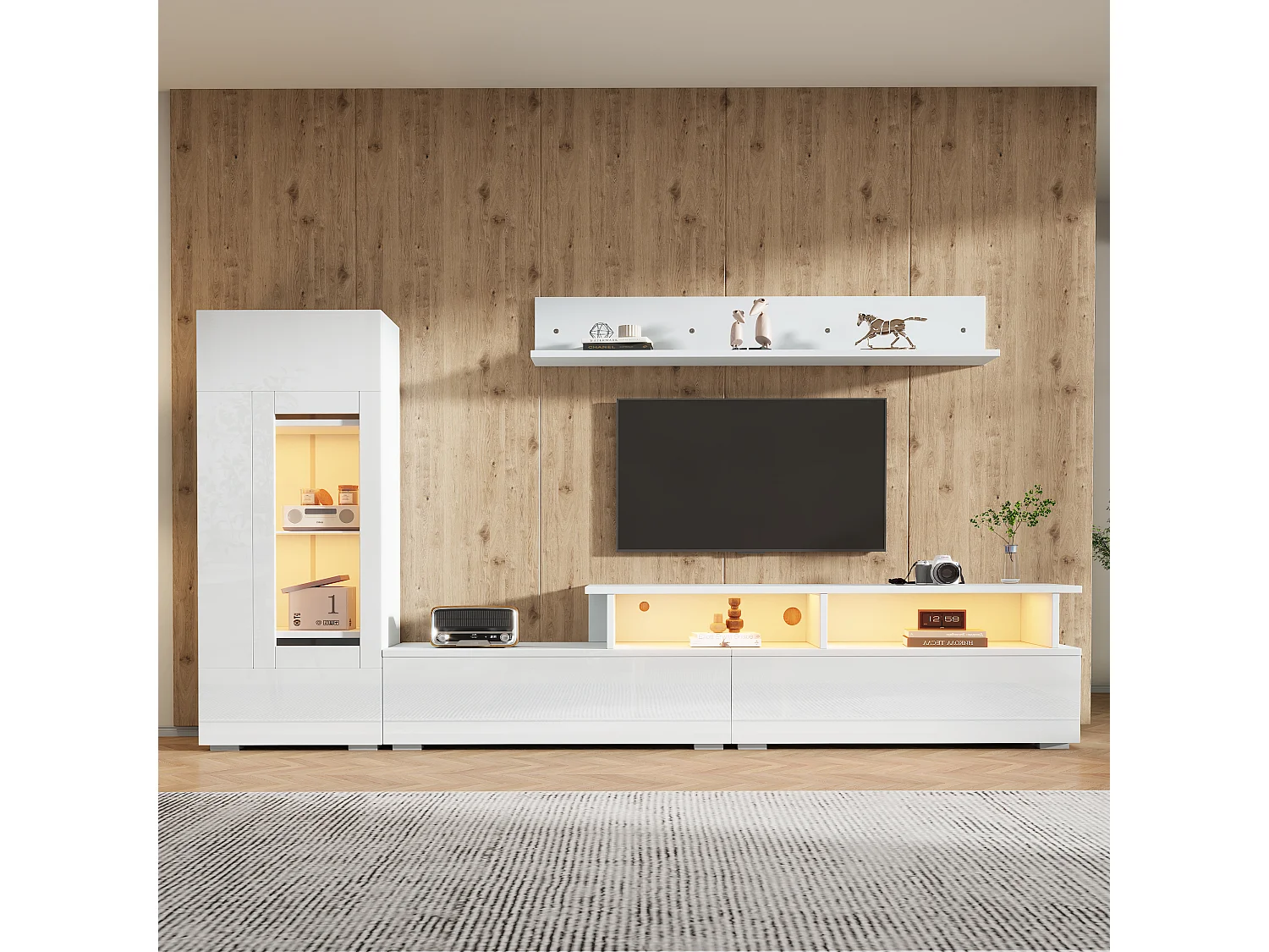 Ensemble de meubles muraux 3 pièces - laquée brillante - avec meuble TV + vitrine + étagère murale + Leds - aggloméré - blanc