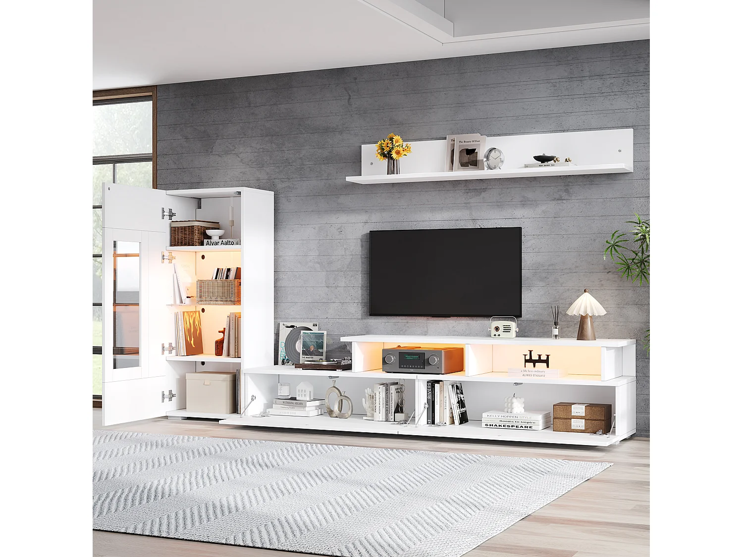 Ensemble de meubles muraux 3 pièces - laquée brillante - avec meuble TV + vitrine + étagère murale + Leds - aggloméré - blanc