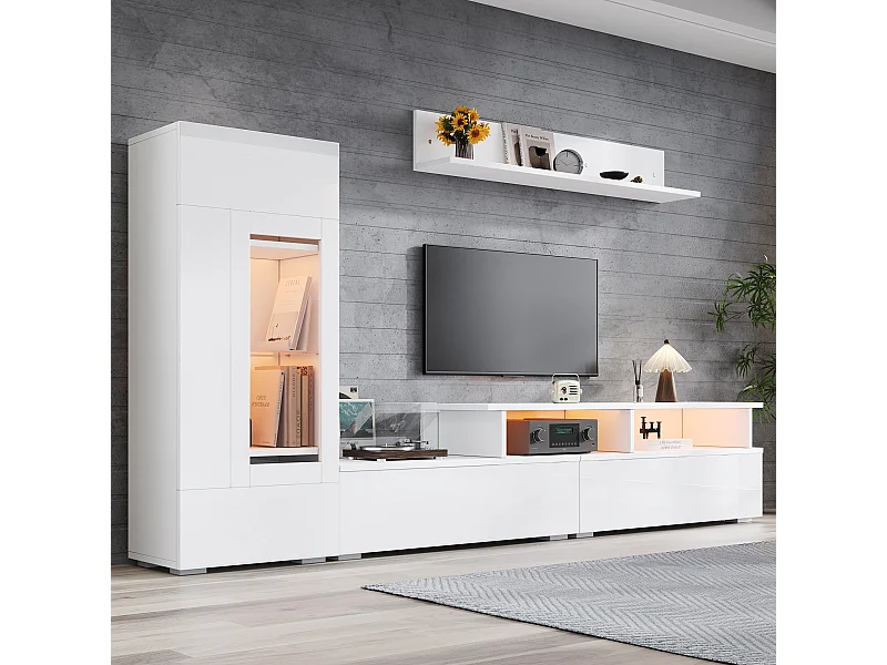 Ensemble de meubles muraux 3 pièces - laquée brillante - avec meuble TV + vitrine + étagère murale + Leds - aggloméré - blanc