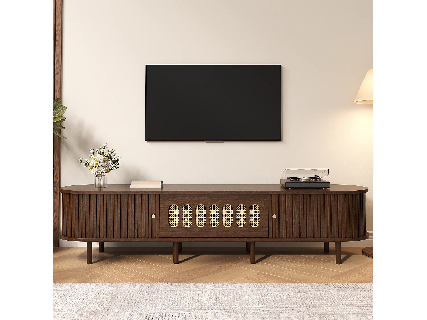 Meuble TV en noyer foncé - 180 x 40 x 40 cm - design rotin - avec 3 portes - MDF - marron