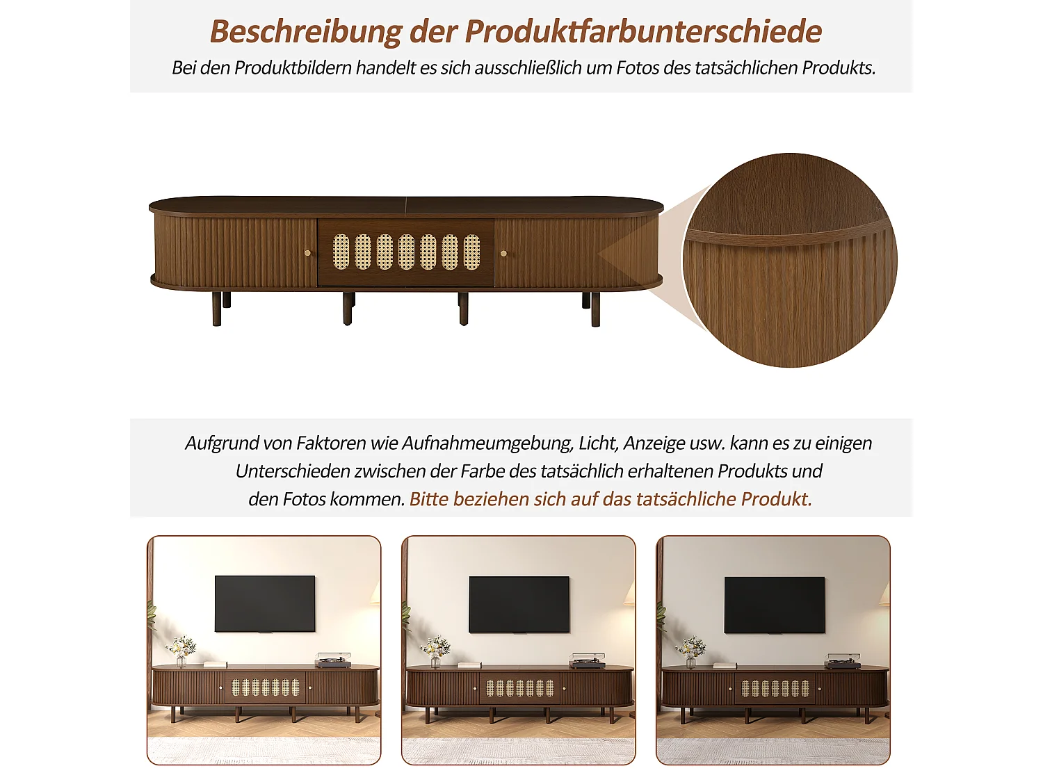 Meuble TV en noyer foncé - 180 x 40 x 40 cm - design rotin - avec 3 portes - MDF - marron