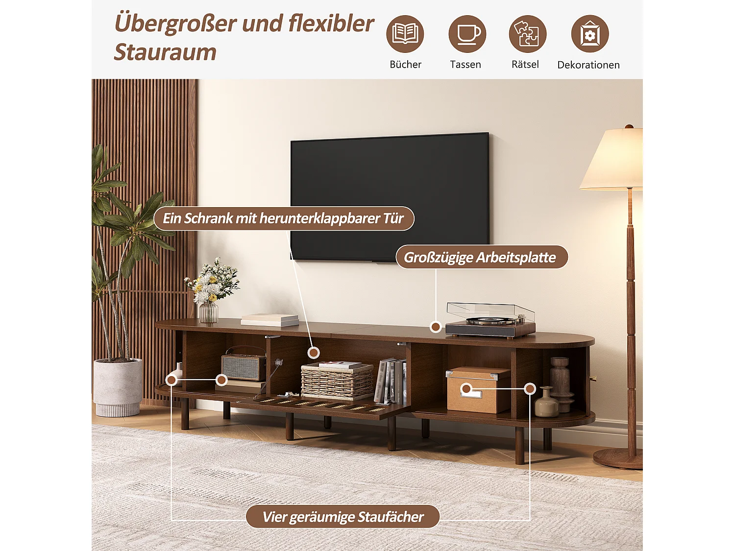 Meuble TV en noyer foncé - 180 x 40 x 40 cm - design rotin - avec 3 portes - MDF - marron