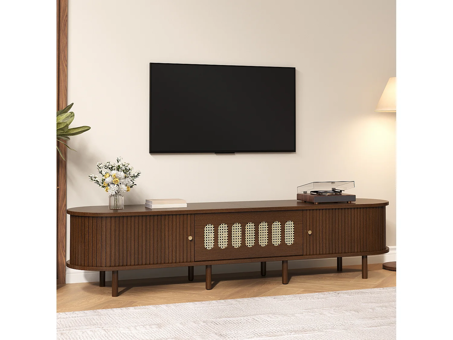 Meuble TV en noyer foncé - 180 x 40 x 40 cm - design rotin - avec 3 portes - MDF - marron