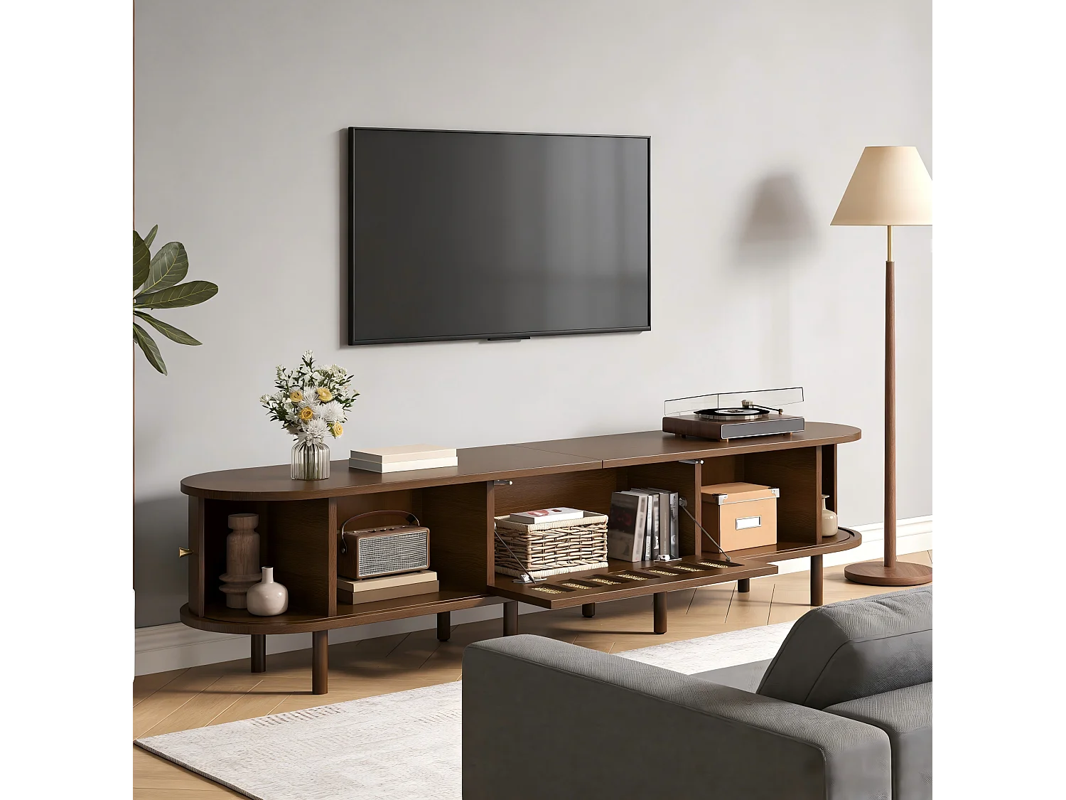 Meuble TV en noyer foncé - 180 x 40 x 40 cm - design rotin - avec 3 portes - MDF - marron