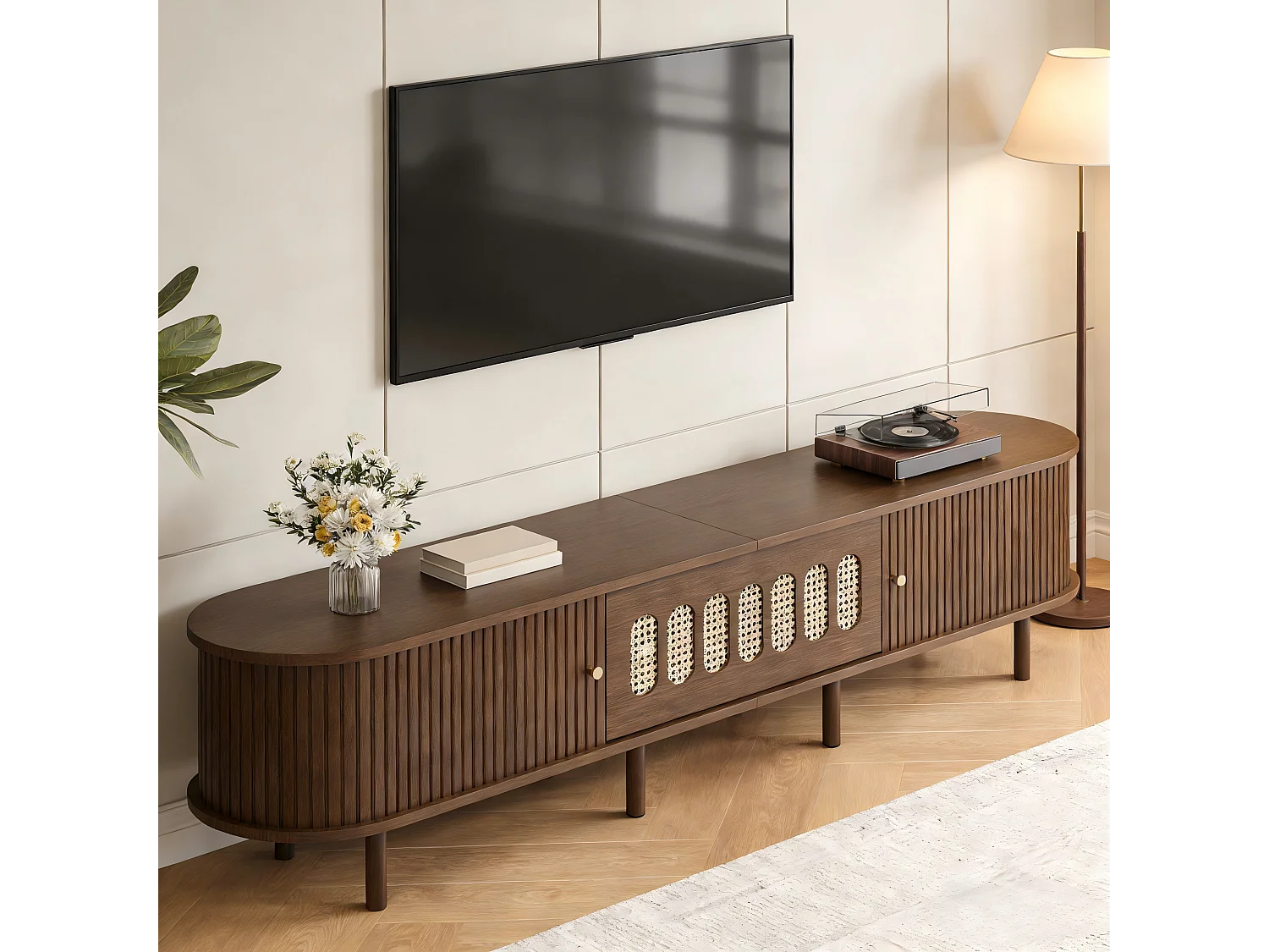 Meuble TV en noyer foncé - 180 x 40 x 40 cm - design rotin - avec 3 portes - MDF - marron