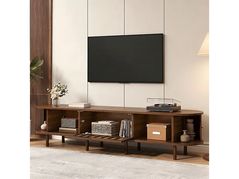 Meuble TV en noyer foncé - 180 x 40 x 40 cm - design rotin - avec 3 portes - MDF - marron