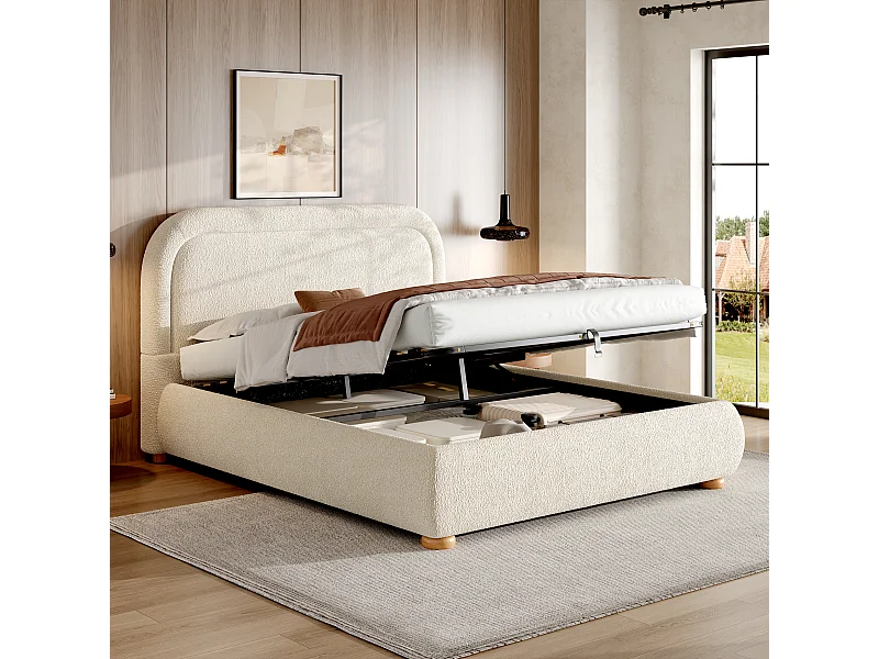 Lit offre double - 140 x 190 cm - avec tête de lit rembourrée + rangement hydrauliquement - boucle - beige