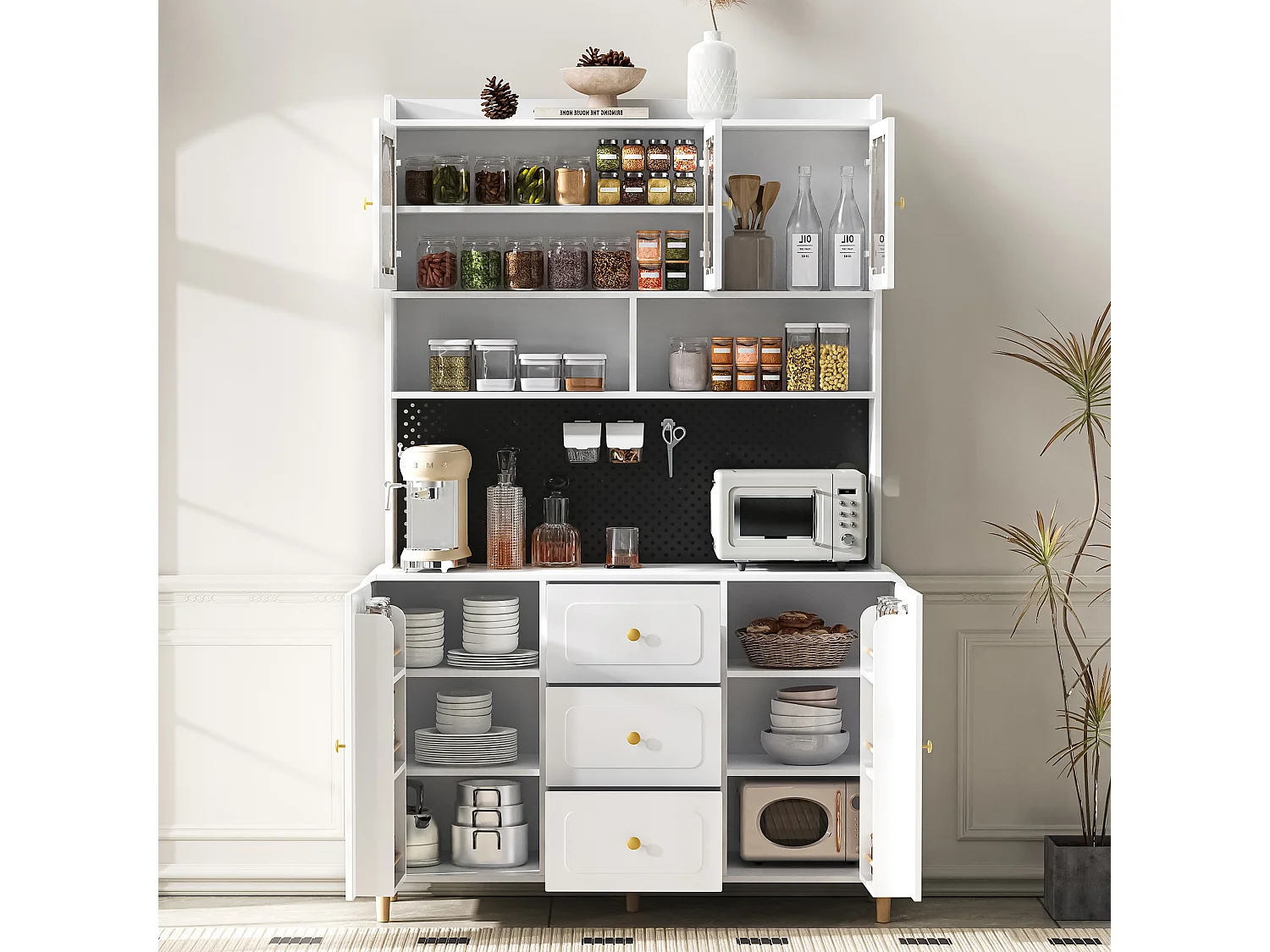 Wysoka komoda kuchenna - 140 x 40 x 190 cm - 3 szuflady + 5 drzwi + półki - MDF - biała