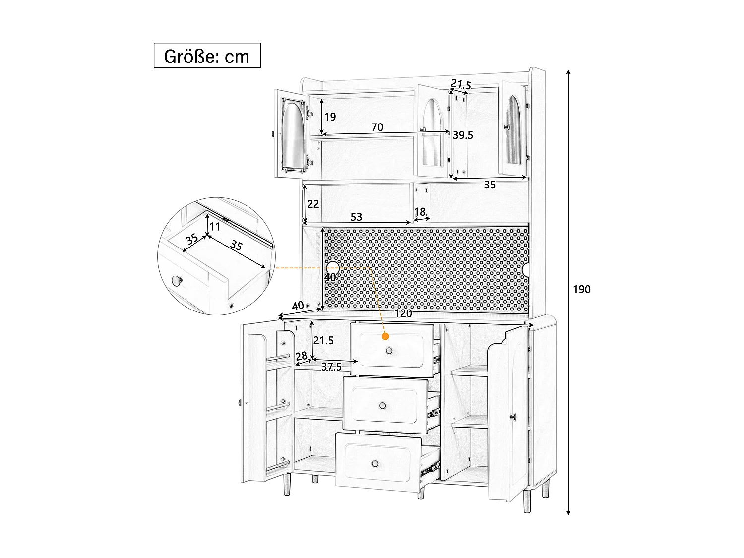 Wysoka komoda kuchenna - 140 x 40 x 190 cm - 3 szuflady + 5 drzwi + półki - MDF - biała