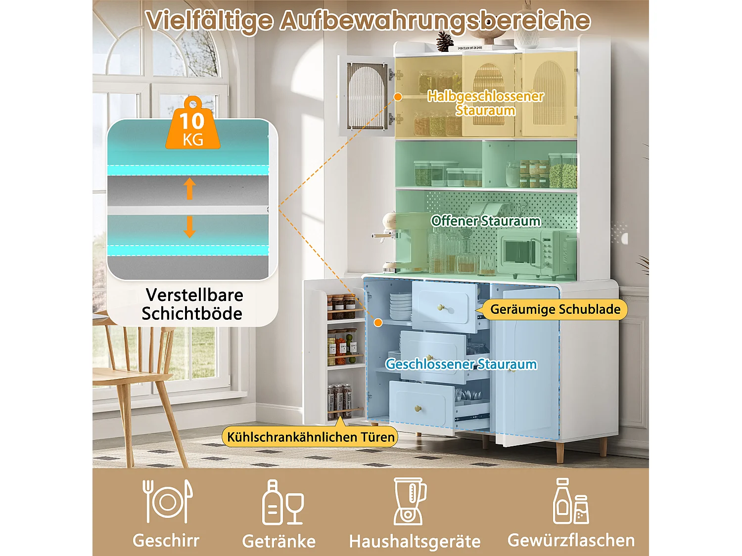 Wysoka komoda kuchenna - 140 x 40 x 190 cm - 3 szuflady + 5 drzwi + półki - MDF - biała