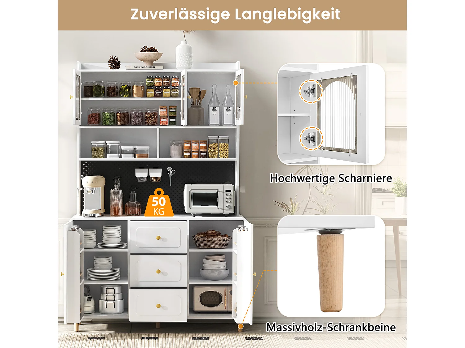 Wysoka komoda kuchenna - 140 x 40 x 190 cm - 3 szuflady + 5 drzwi + półki - MDF - biała