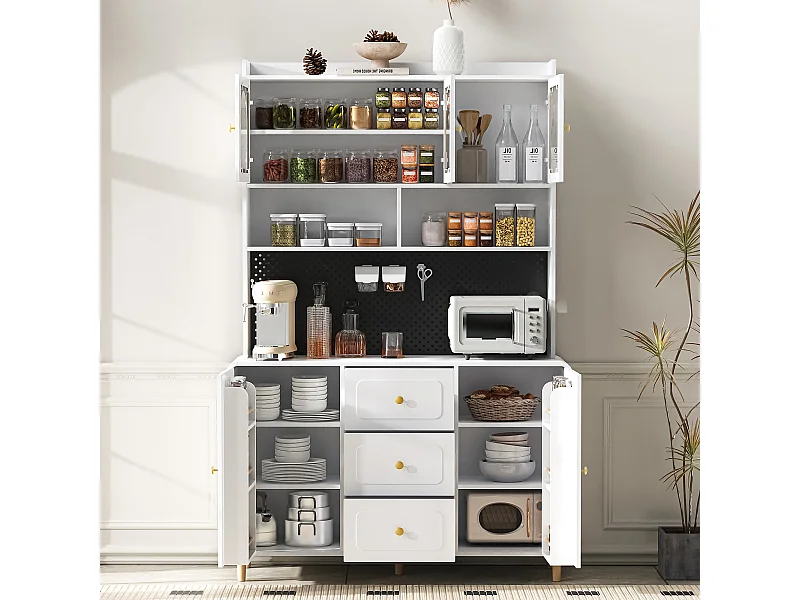 Wysoka komoda kuchenna - 140 x 40 x 190 cm - 3 szuflady + 5 drzwi + półki - MDF - biała