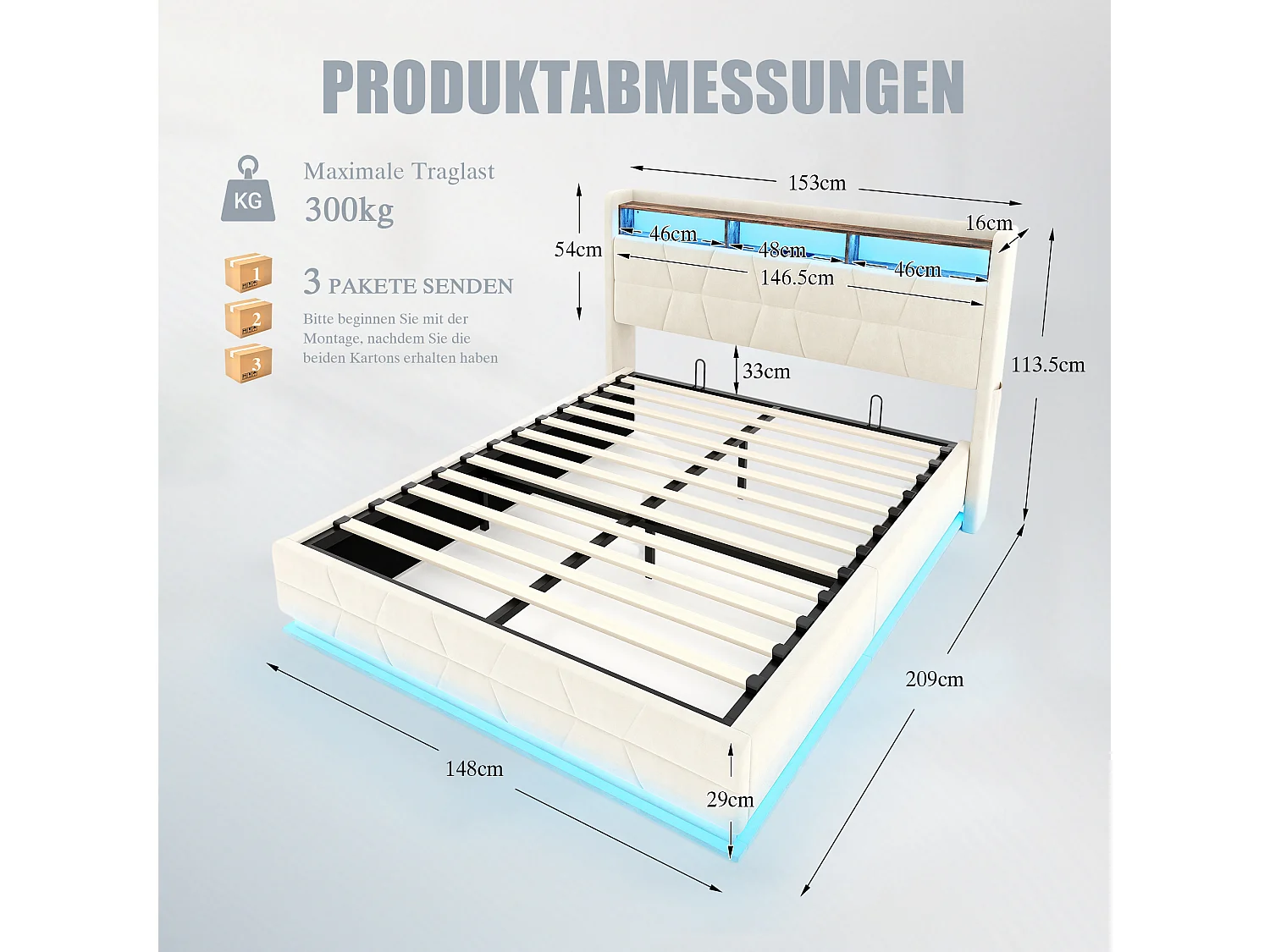 Hydraulisch opbergbed - 140 x 190 cm - met LED-verlichting + zijvakken + USB/Type-C + hoofdbord met opbergruimte - fluweel - beige