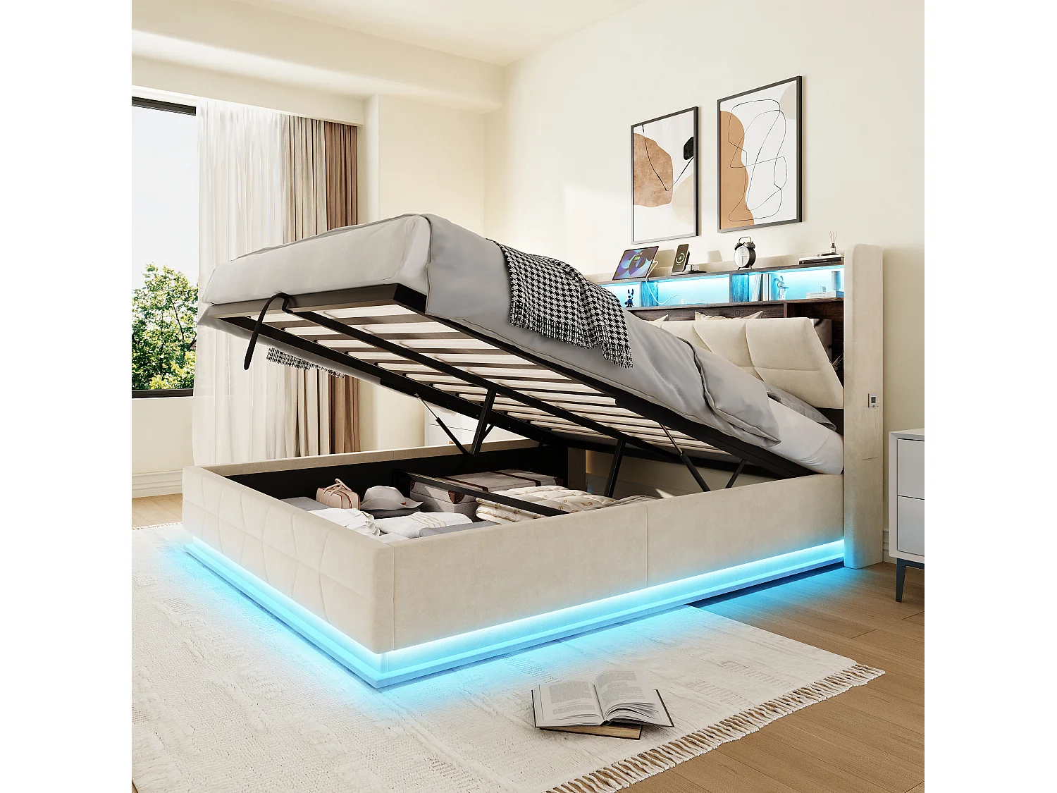 Hydraulisch opbergbed - 140 x 190 cm - met LED-verlichting + zijvakken + USB/Type-C + hoofdbord met opbergruimte - fluweel - beige