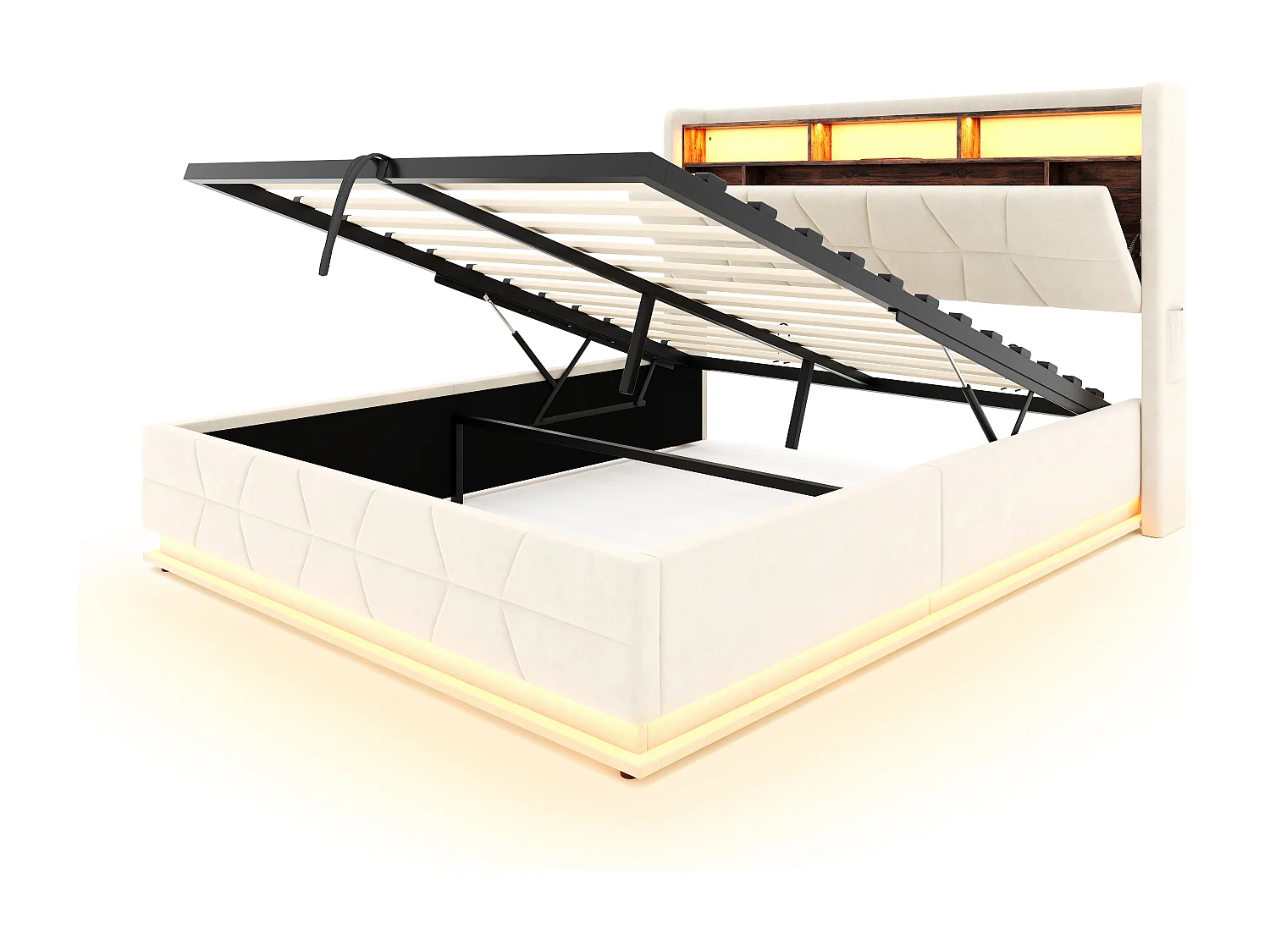 Hydraulisch opbergbed - 140 x 190 cm - met LED-verlichting + zijvakken + USB/Type-C + hoofdbord met opbergruimte - fluweel - beige