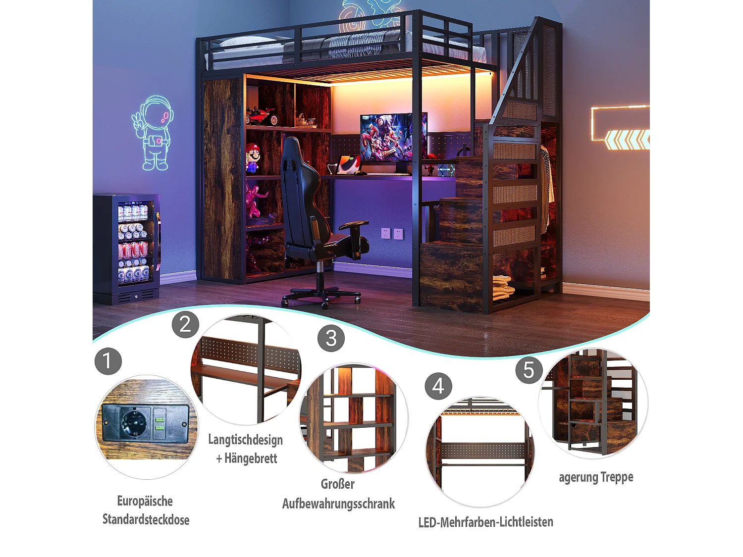 Kinderhoogslaper van metaal - 90 x 200 cm - met kledingkast + opbergtrap + bureau + boekenkast - metaal + MDF - zwart