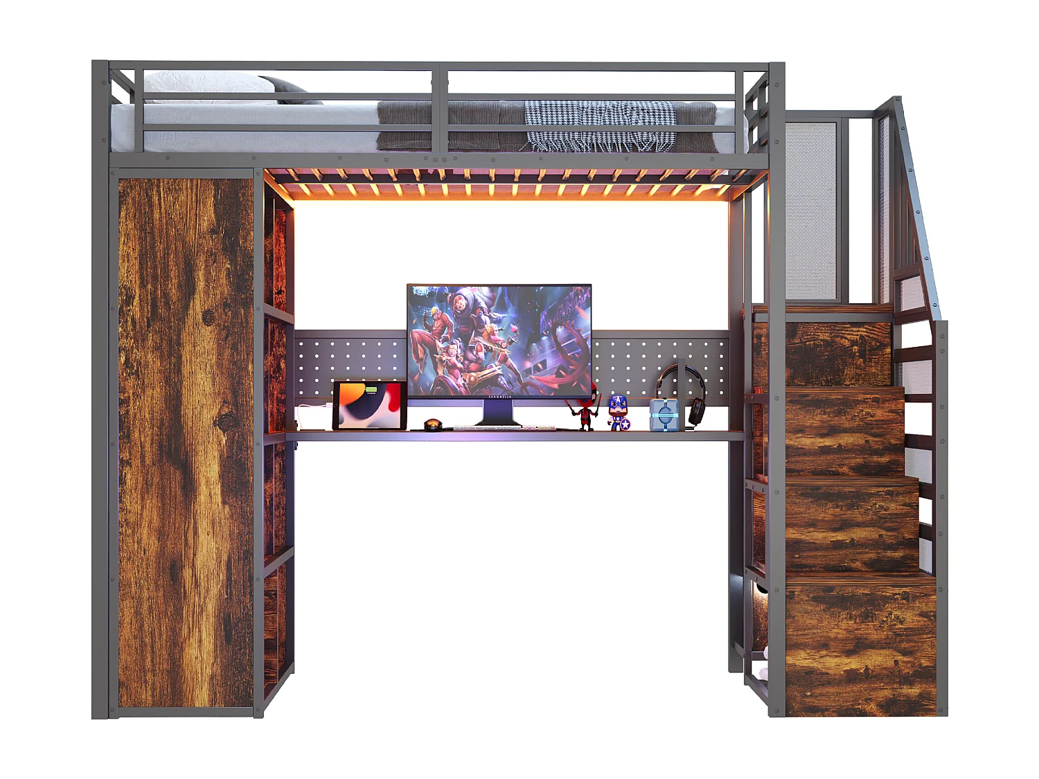 Kinderhoogslaper van metaal - 90 x 200 cm - met kledingkast + opbergtrap + bureau + boekenkast - metaal + MDF - zwart